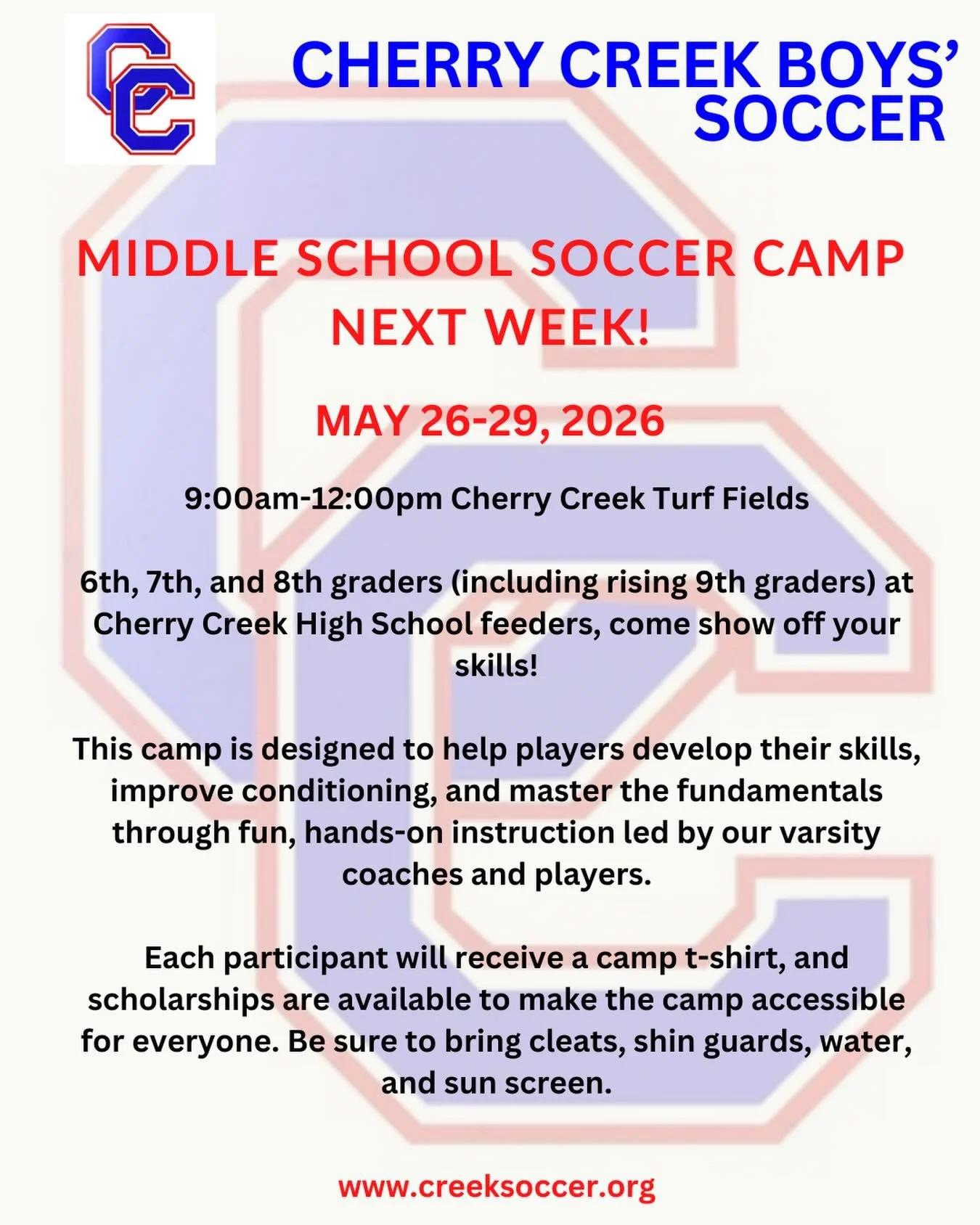 Note: different time than what is on the Mile High Sports website. See registration email from Coach Wilmer Barrera for camp details.