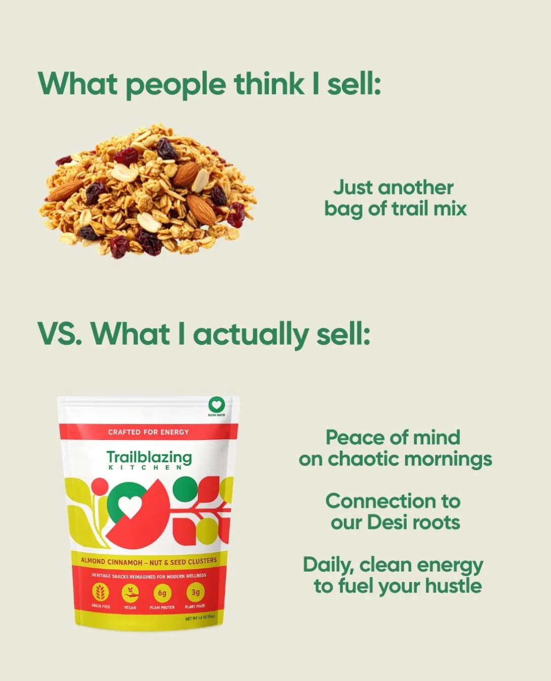 Because it&rsquo;s not just a bag of trail mix🌱

It&rsquo;s a little moment of calm on chaotic mornings, a connection to our desi roots, and clean, feel good energy to keep up with everything life throws your way!
