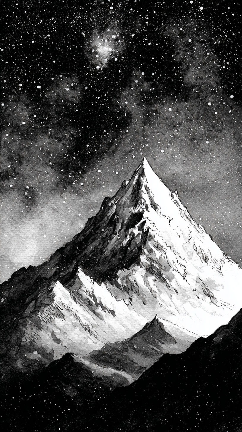 Black and white watercolor painting of a tall, snow-capped mountain under a starry night sky with a visible galaxy.