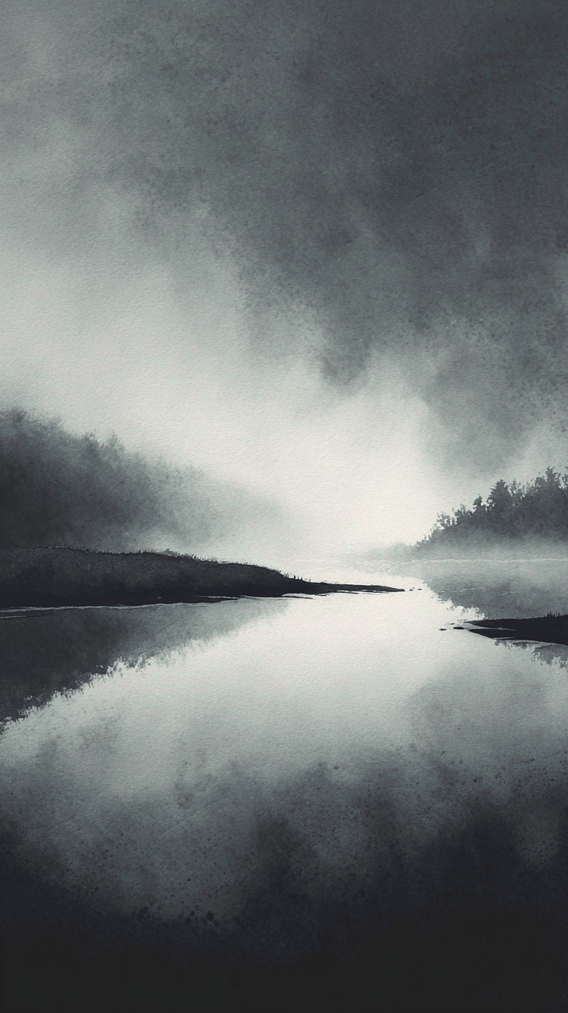 A black and white watercolor painting of a river landscape with trees on the horizon and a cloudy sky.