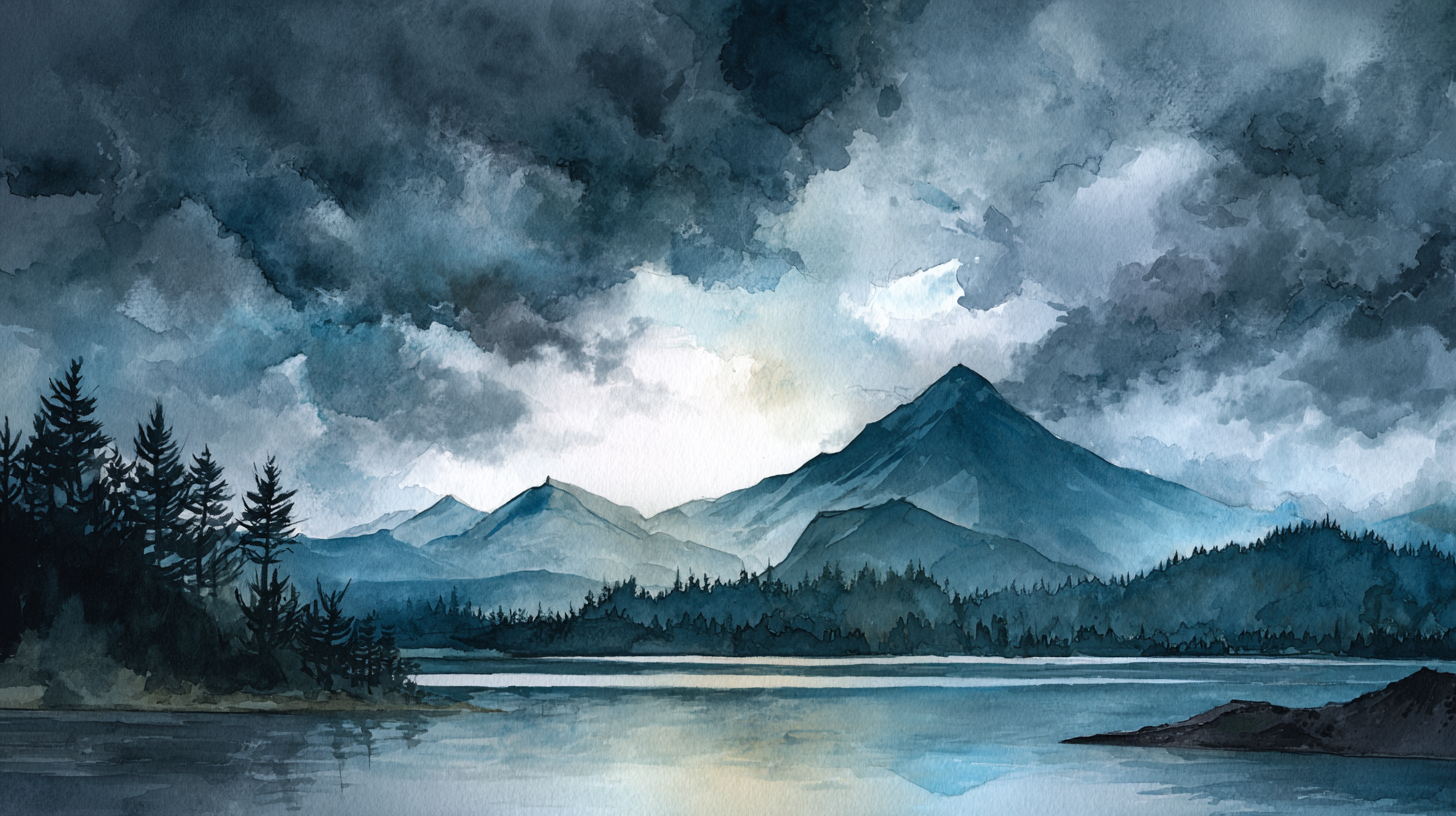 A watercolor painting of a mountain landscape with dark stormy clouds, multiple mountain peaks, a lake in the foreground, and a dense forest along the shoreline.