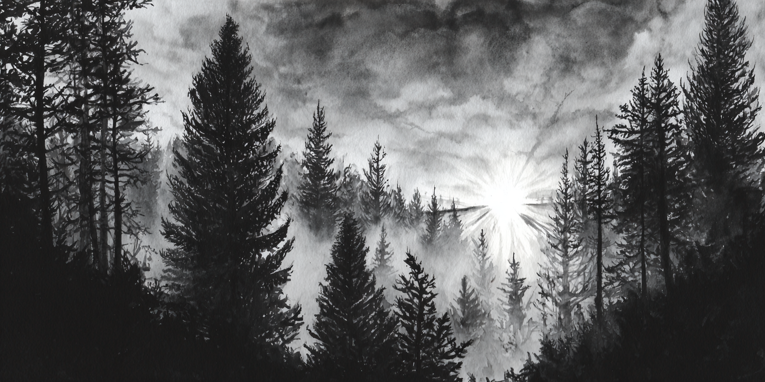 Black and white watercolor painting of a misty forest with tall pine trees and the sun rising or setting on the horizon.