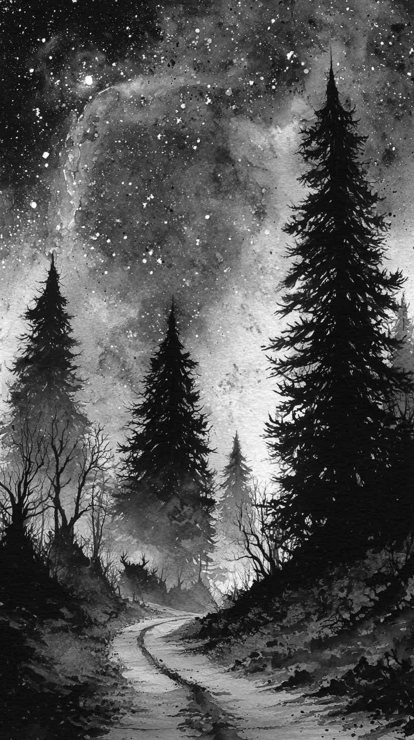 A black and white watercolor painting of a forest scene with tall pine trees and leafless trees, a winding dirt path, and a starry night sky with a large moon.