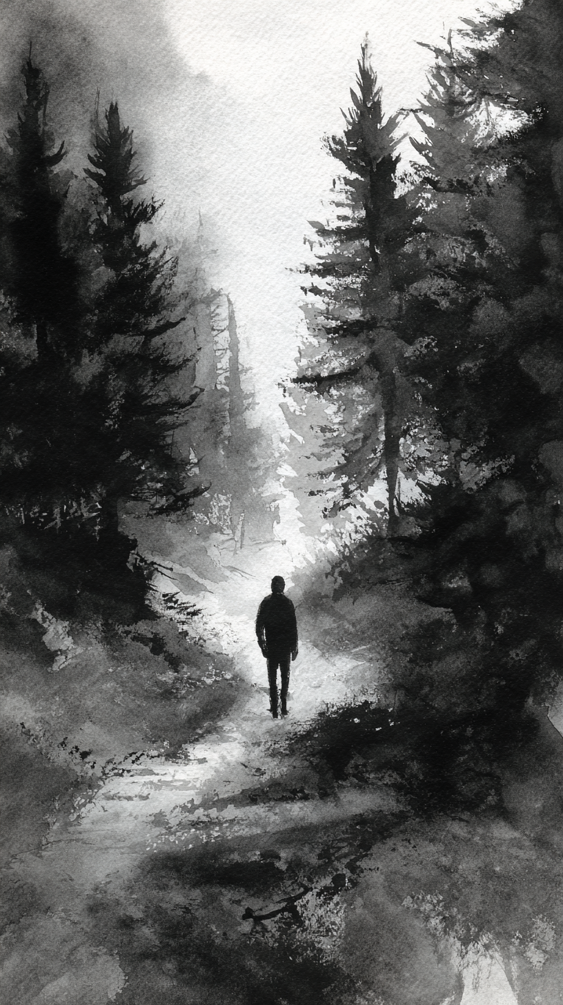 A black and white watercolor painting of a person walking through a dense forest with tall trees on either side.