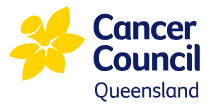 Cancer Council Queensland logo featuring a yellow flower and blue text.