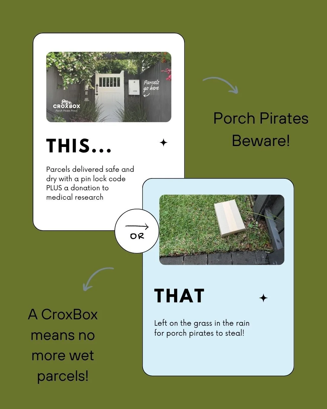 A sign explaining the use of CroxBox for parcel delivery, indicating parcels are left safe and dry with a pin lock code and a donation to medical research. The sign warns porch pirates to beware. It shows two options for parcels: a white box on a porch and a parcel left on the grass in the rain, which porch pirates might steal.