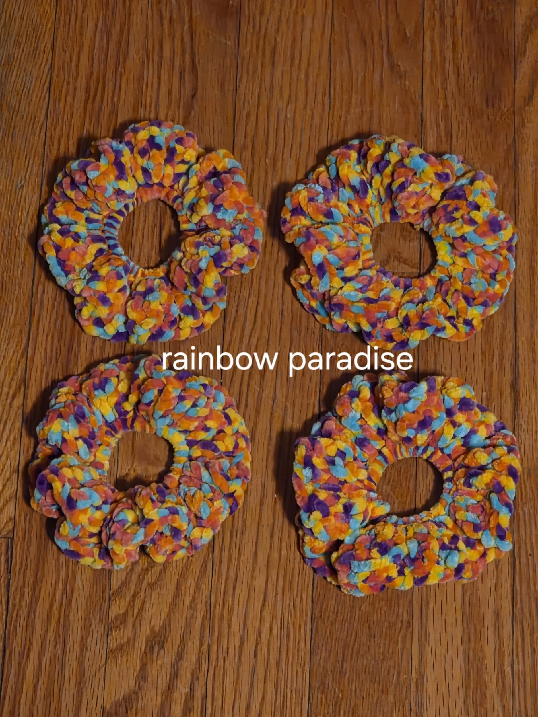 Handmade velvet scrunchie in Rainbow Paradise, set of four
