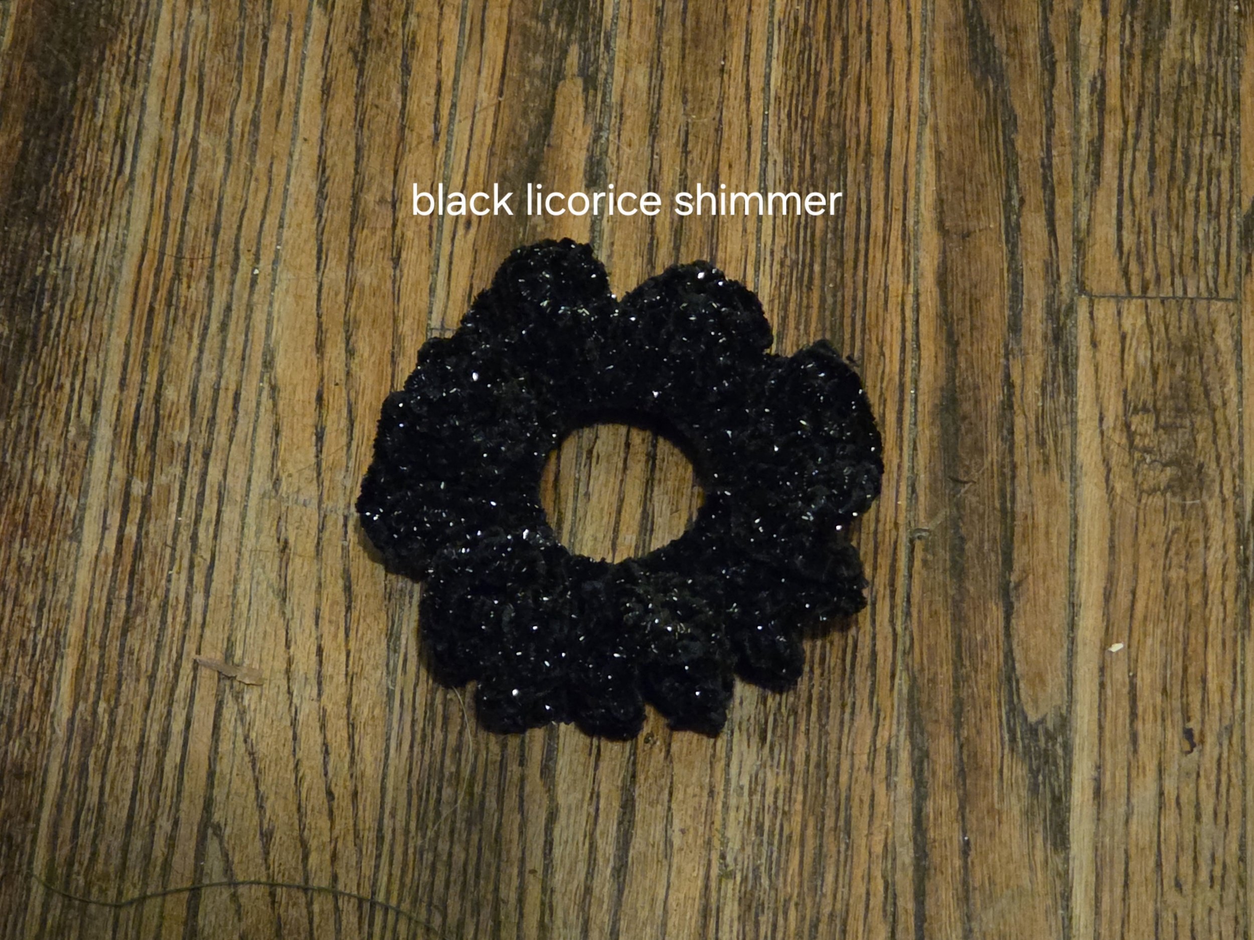 Handmade bold velvet scrunchie in Black Licorice with shimmer detail