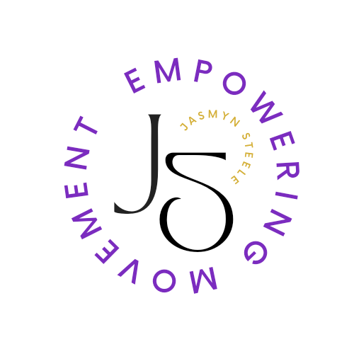 Logo with initials J and S in black, surrounded by purple text that reads "Empowering Movement" and gold text with the name "Jasmyn Steele".