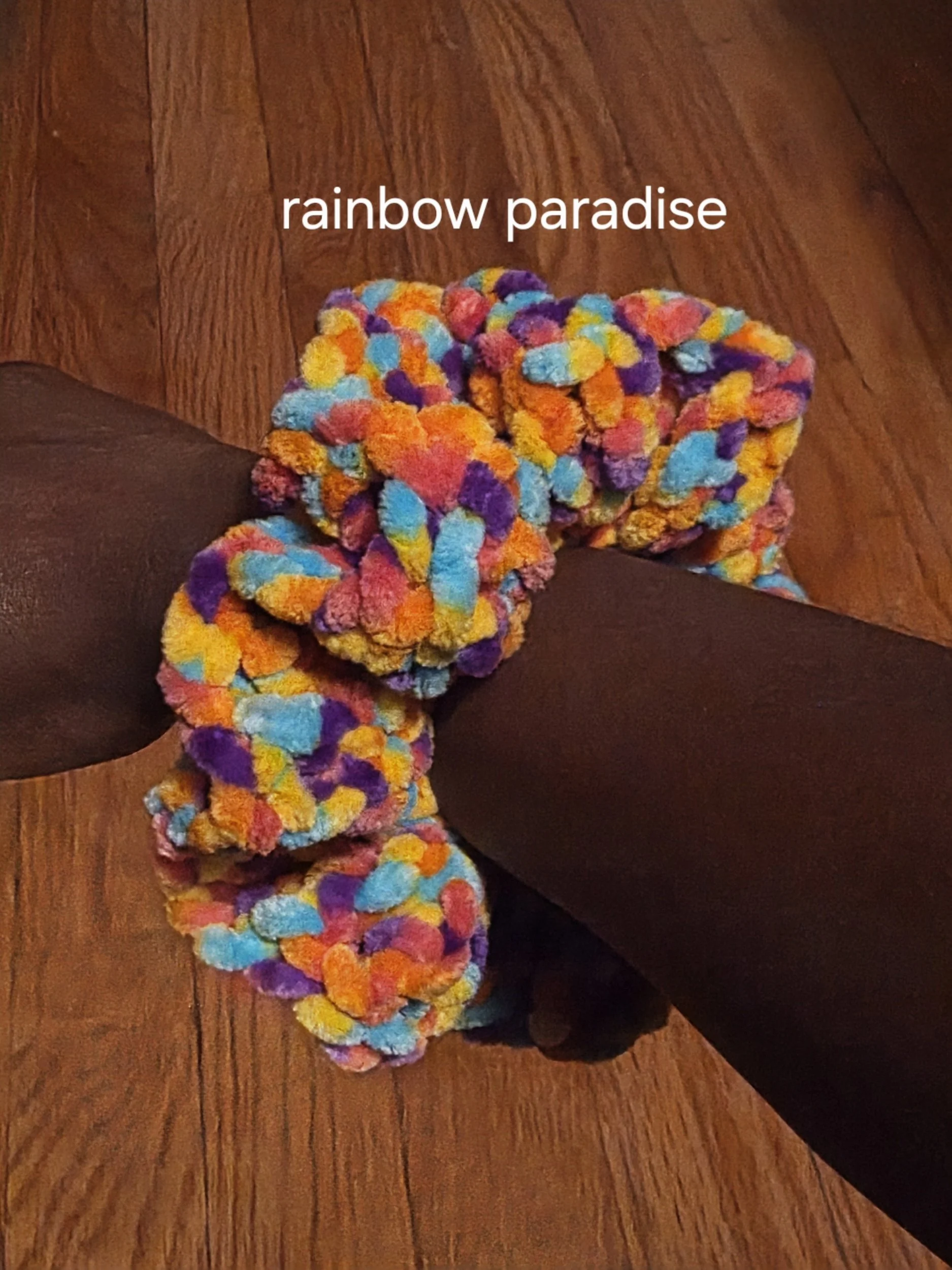Handmade velvet scrunchie in Rainbow Paradise