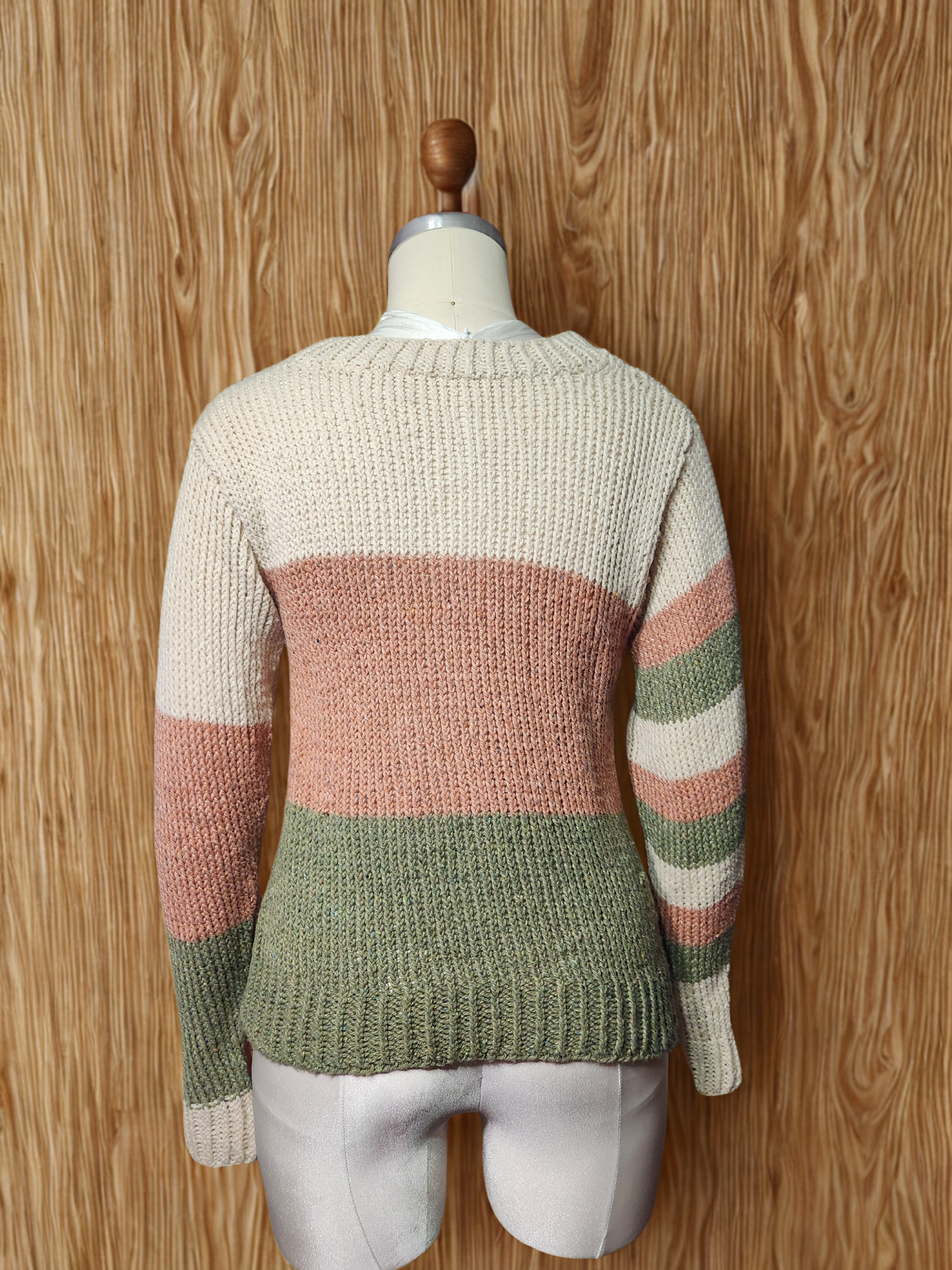 Handmade color block knit sweater back view by Jasmyn Steele