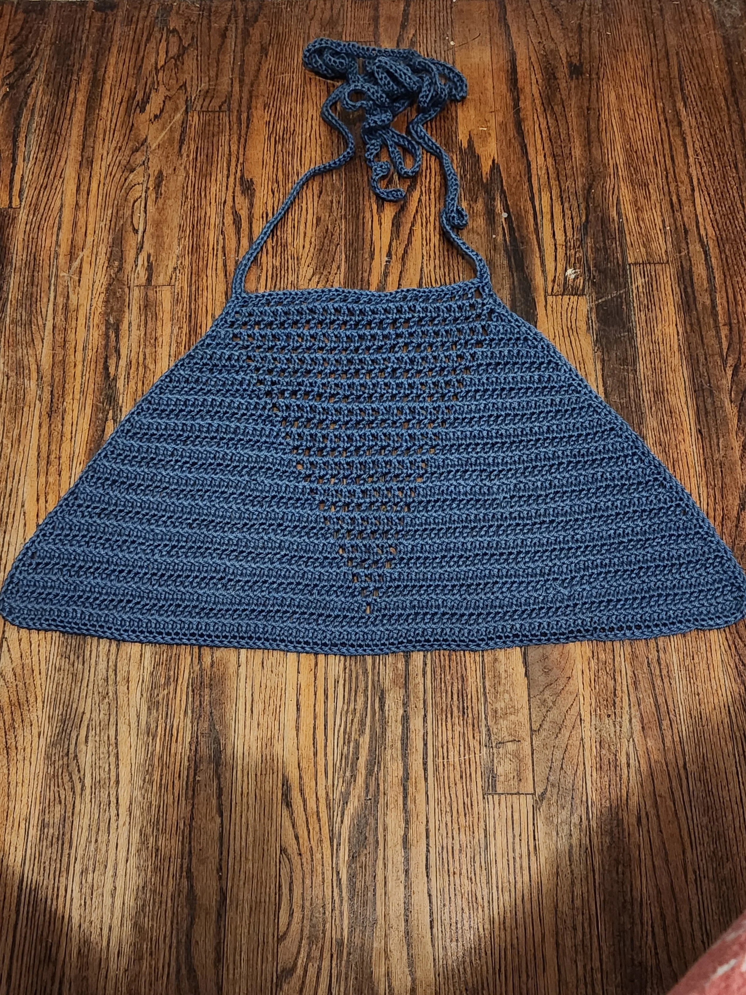 Handmade crochet Valerie top bralette front open view, unlaced, in blue, size large