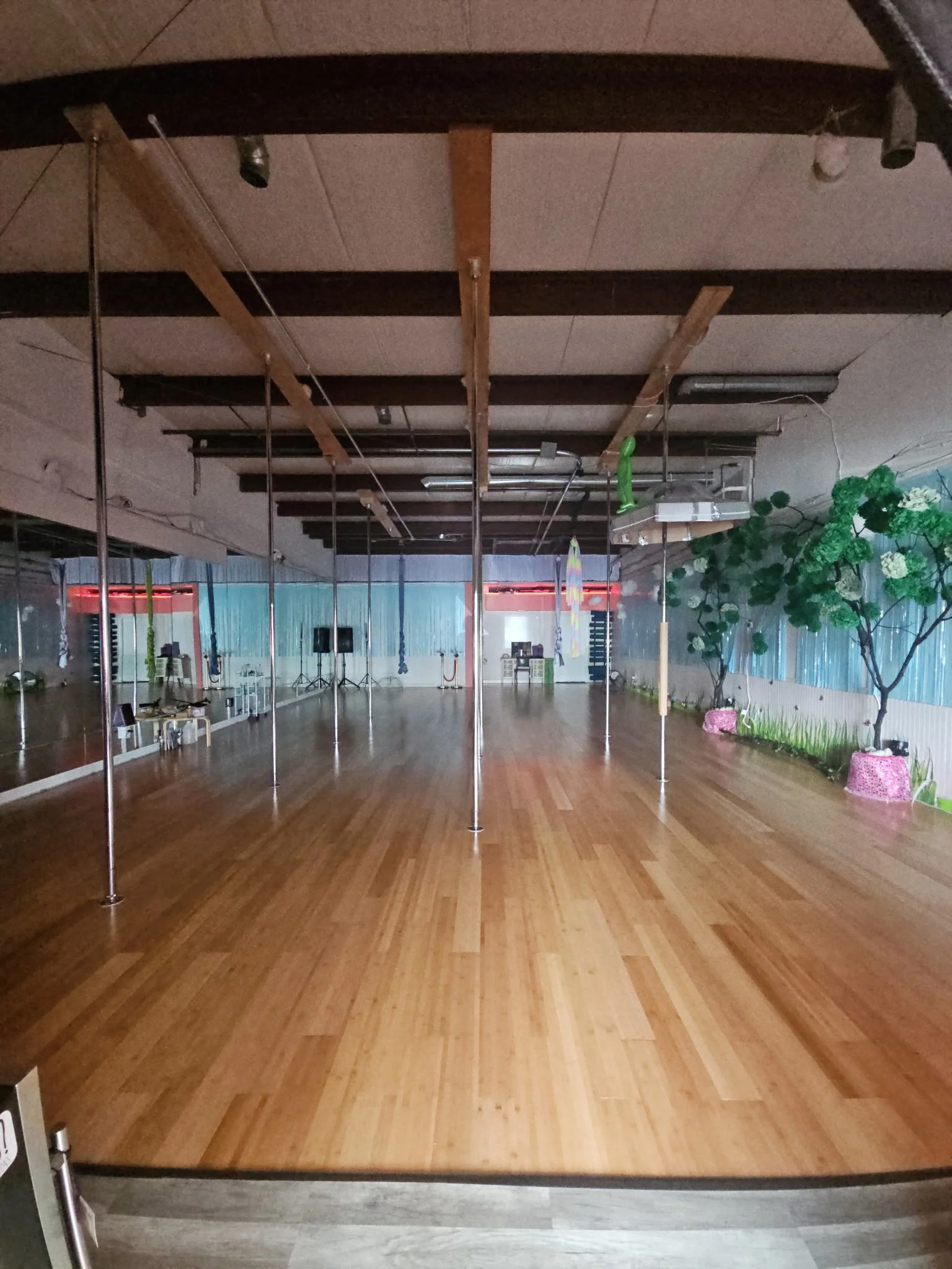 wide room with chrome poles and a wall of mirrors