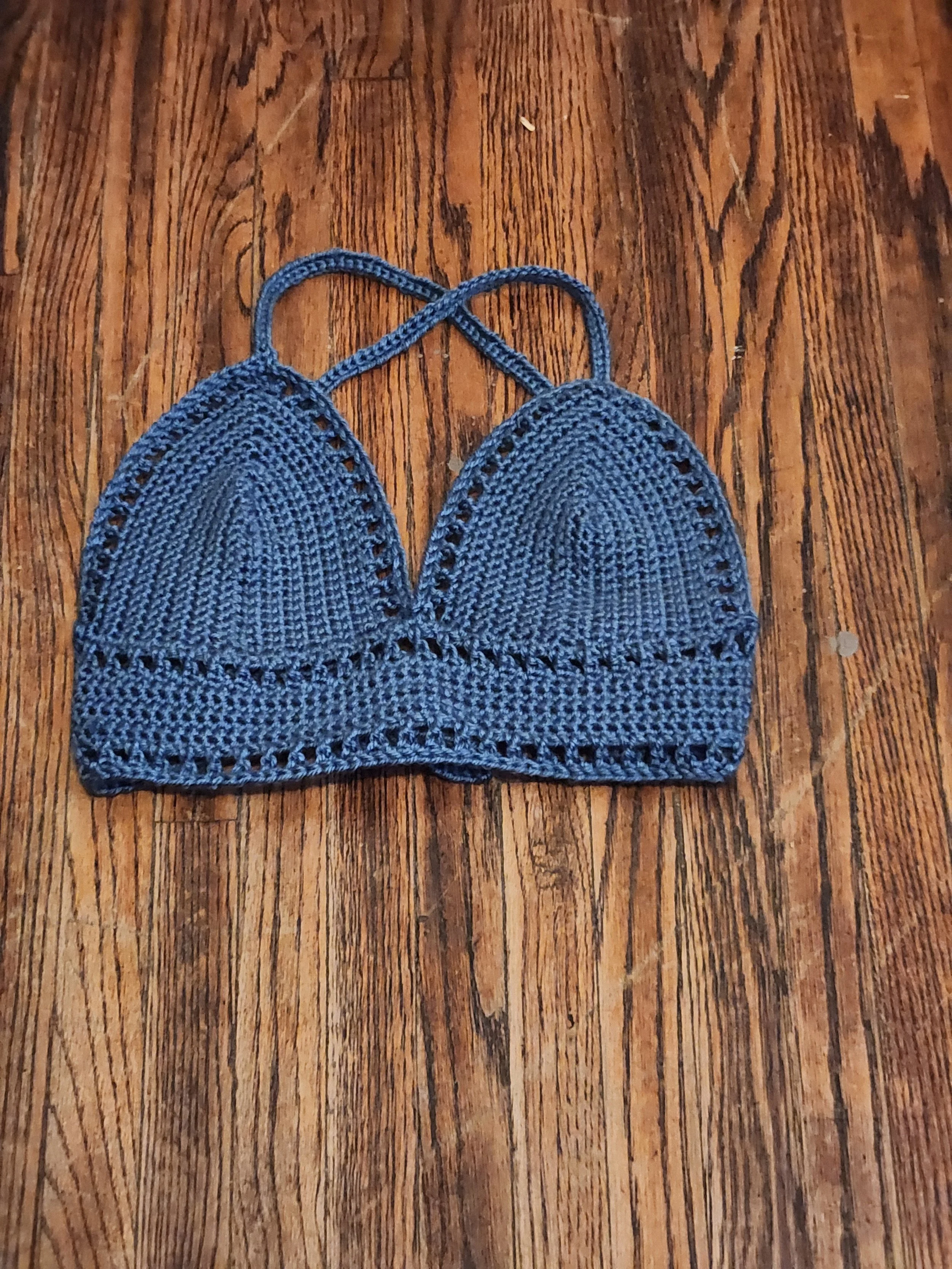 Handmade crochet Lilly top bralette front view, laced, in blue, size medium