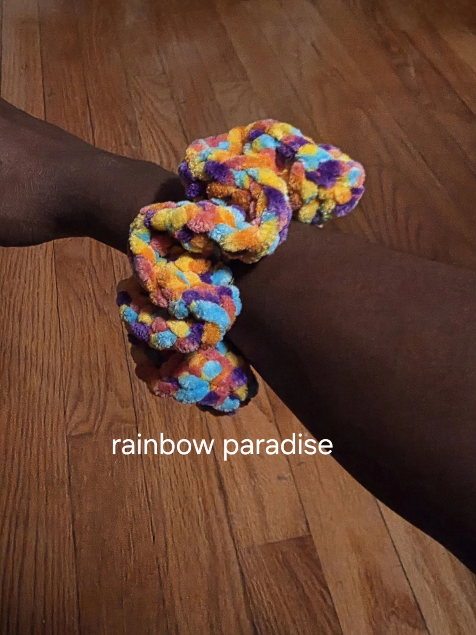 Handmade classic velvet scrunchie in Rainbow Paradise