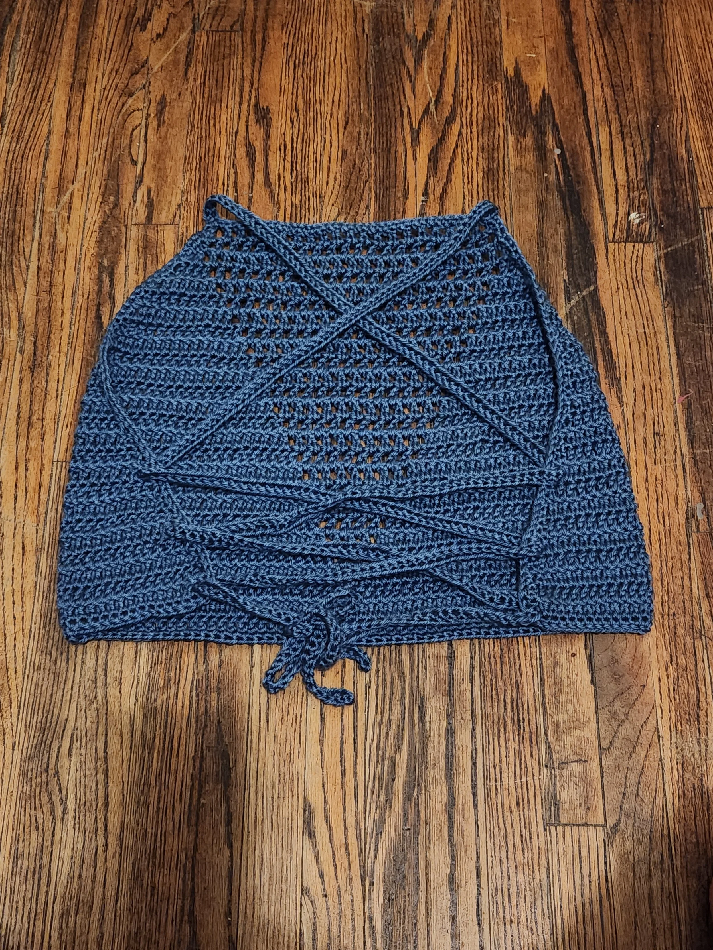 Handmade crochet Valerie top bralette back view, unlaced, in blue, size large