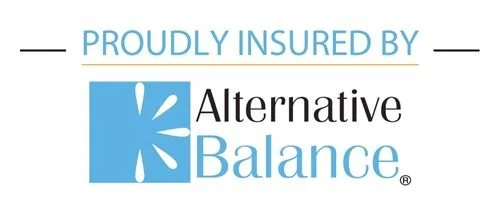 Logo for Alternative Balance with blue square, white splash design, black and blue text saying 'Proudly Insured By Alternative Balance'.