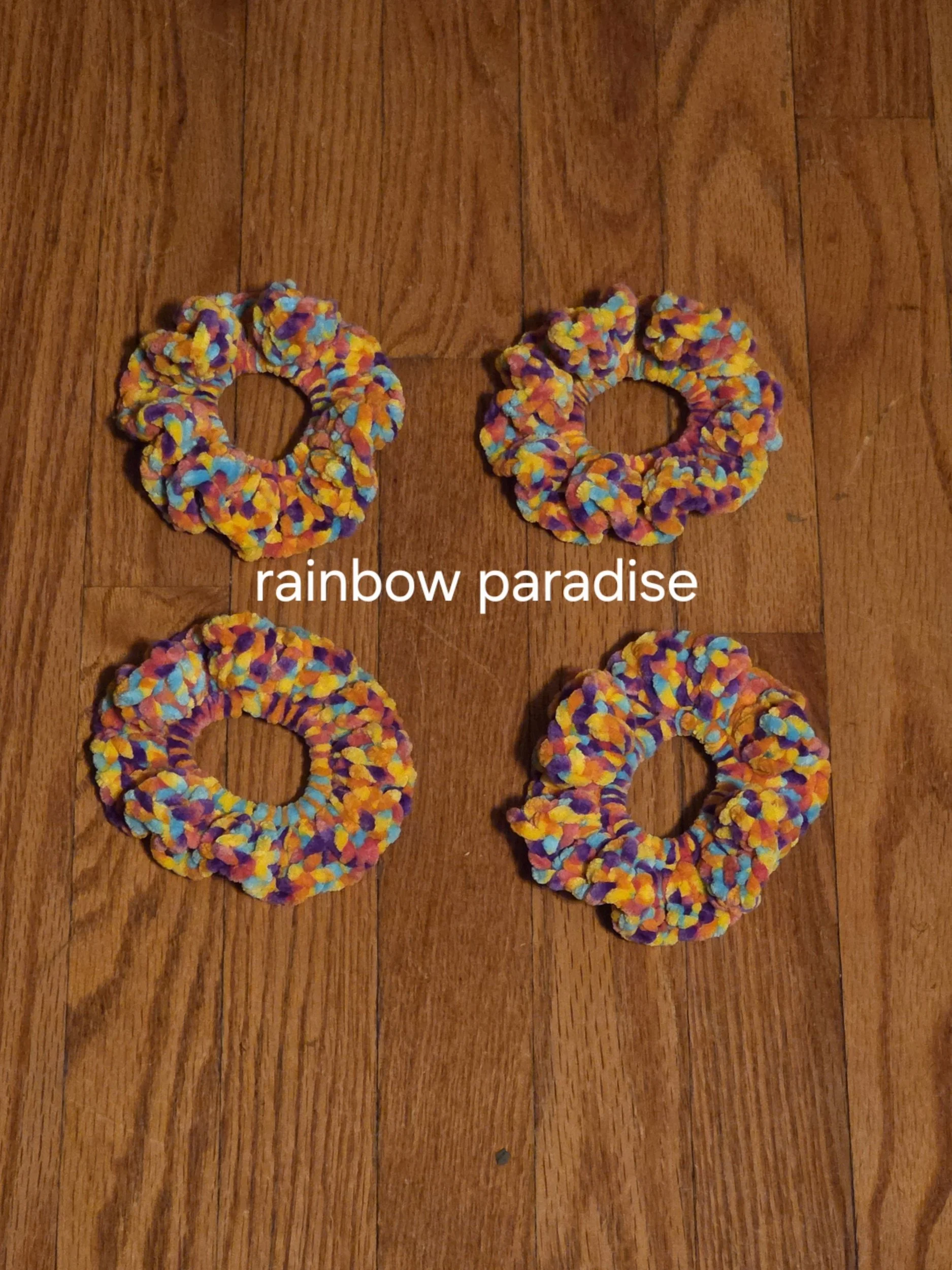 Handmade classic velvet scrunchie in Rainbow Paradise, set of four