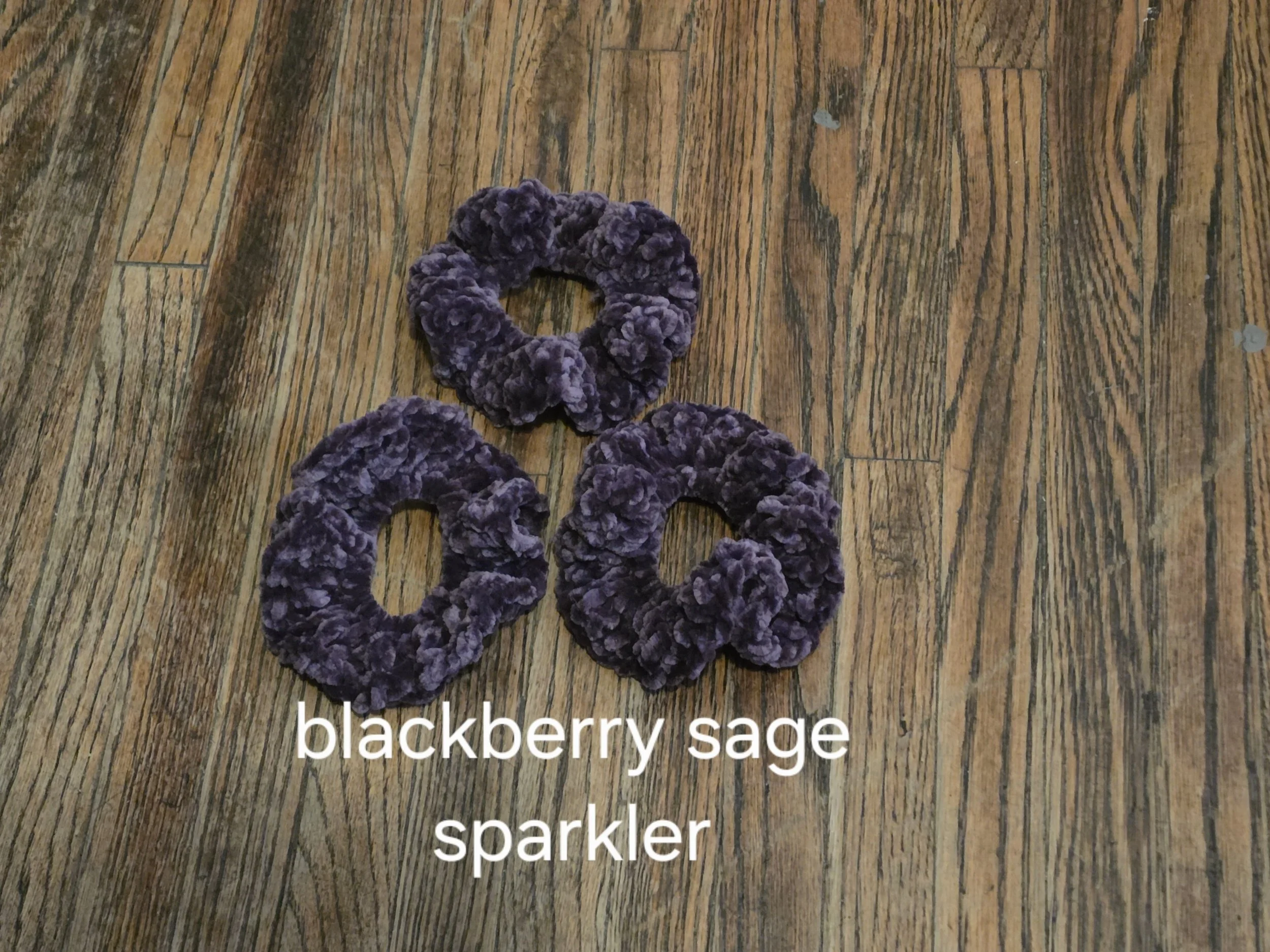 Handmade classic velvet scrunchie in Blackberry Sage Sparkler, set of three