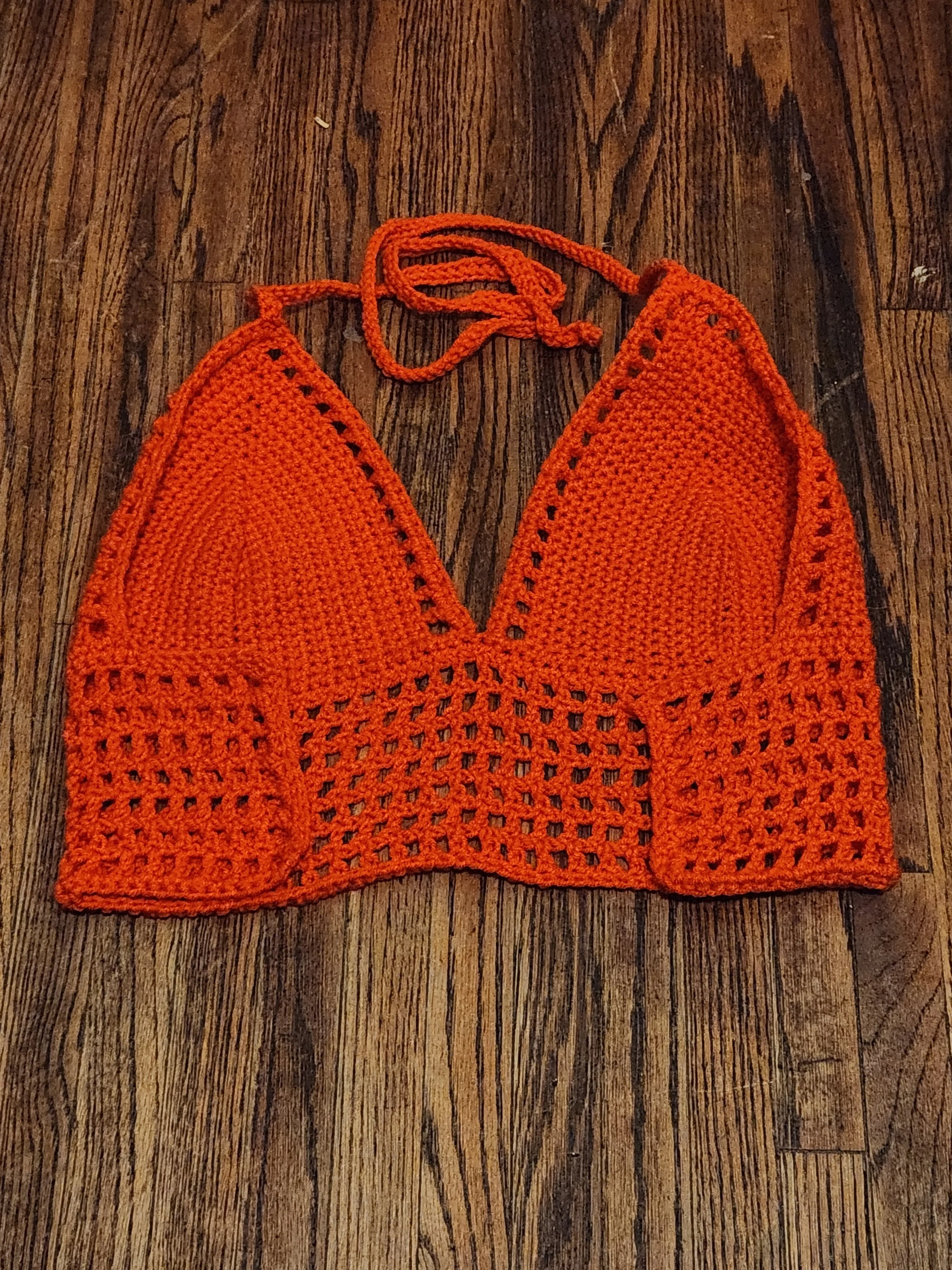 Handmade crochet mesh top bralette back view, unlaced, in orange, size large