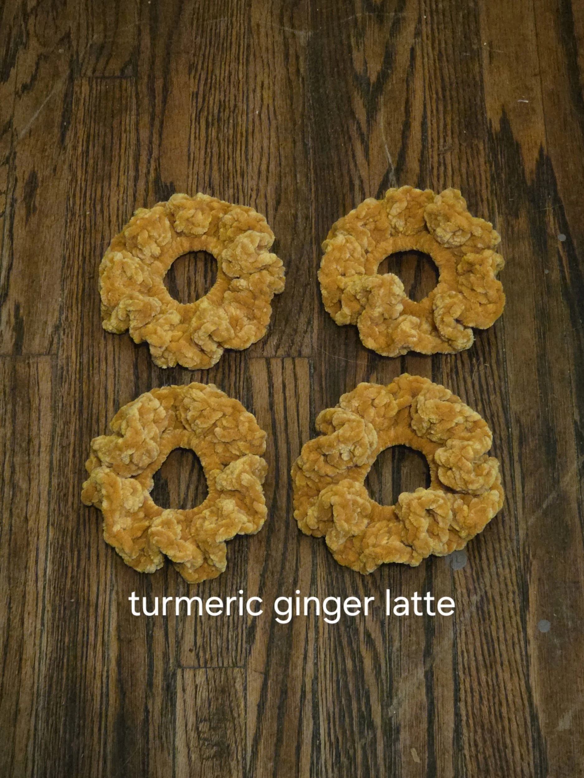 Handmade classic velvet scrunchie in Turmeric Ginger Latte, set of four