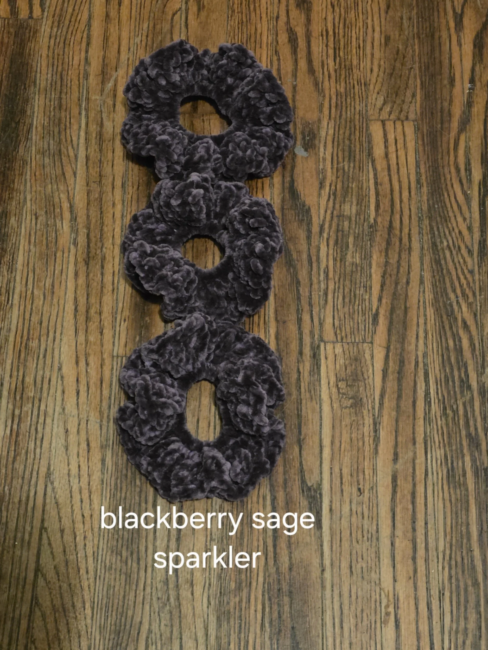 Handmade bold velvet scrunchie in Blackberry Sage Sparkler, set of three