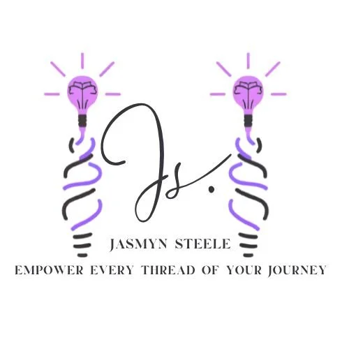 Design with two purple lightbulb icons connected by purple and black spiral cords, a cursive letter 'J' in the center, and text that reads 'Jasmyn Steele' and 'Empower every thread of your journey'.