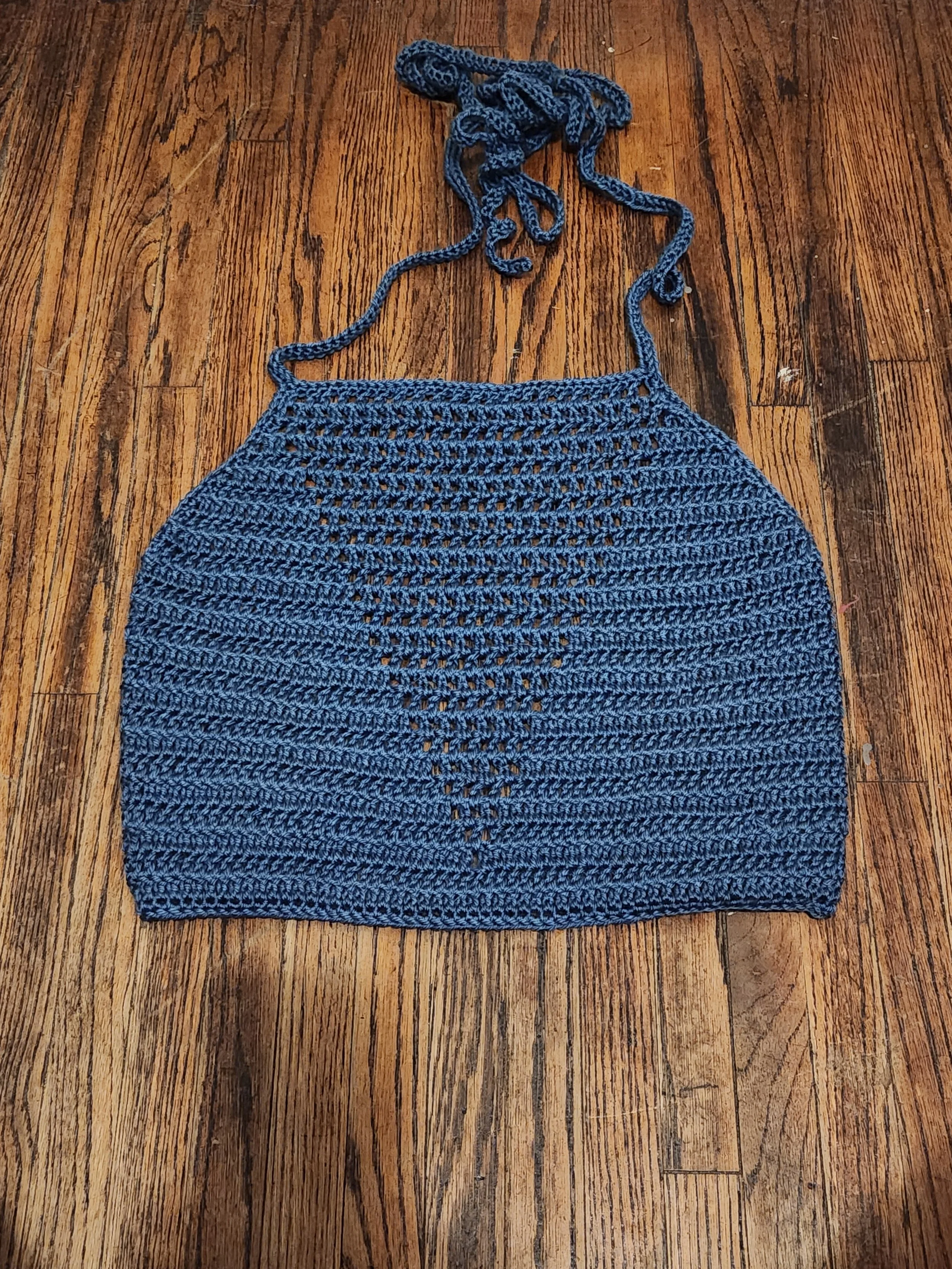 Handmade crochet Valerie top bralette front view, unlaced, in blue, size large