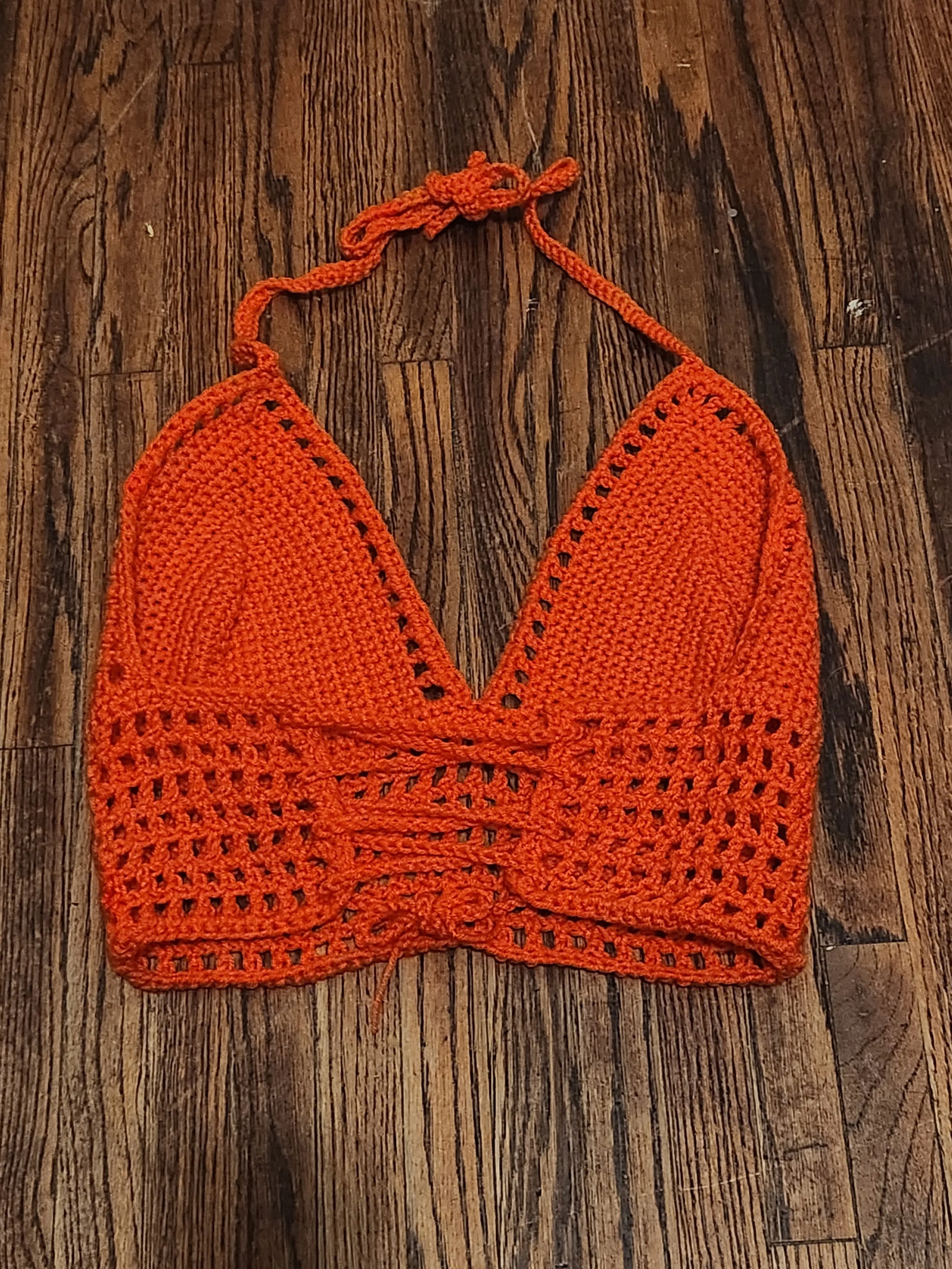 Handmade crochet mesh top bralette back view, laced, in orange, size large