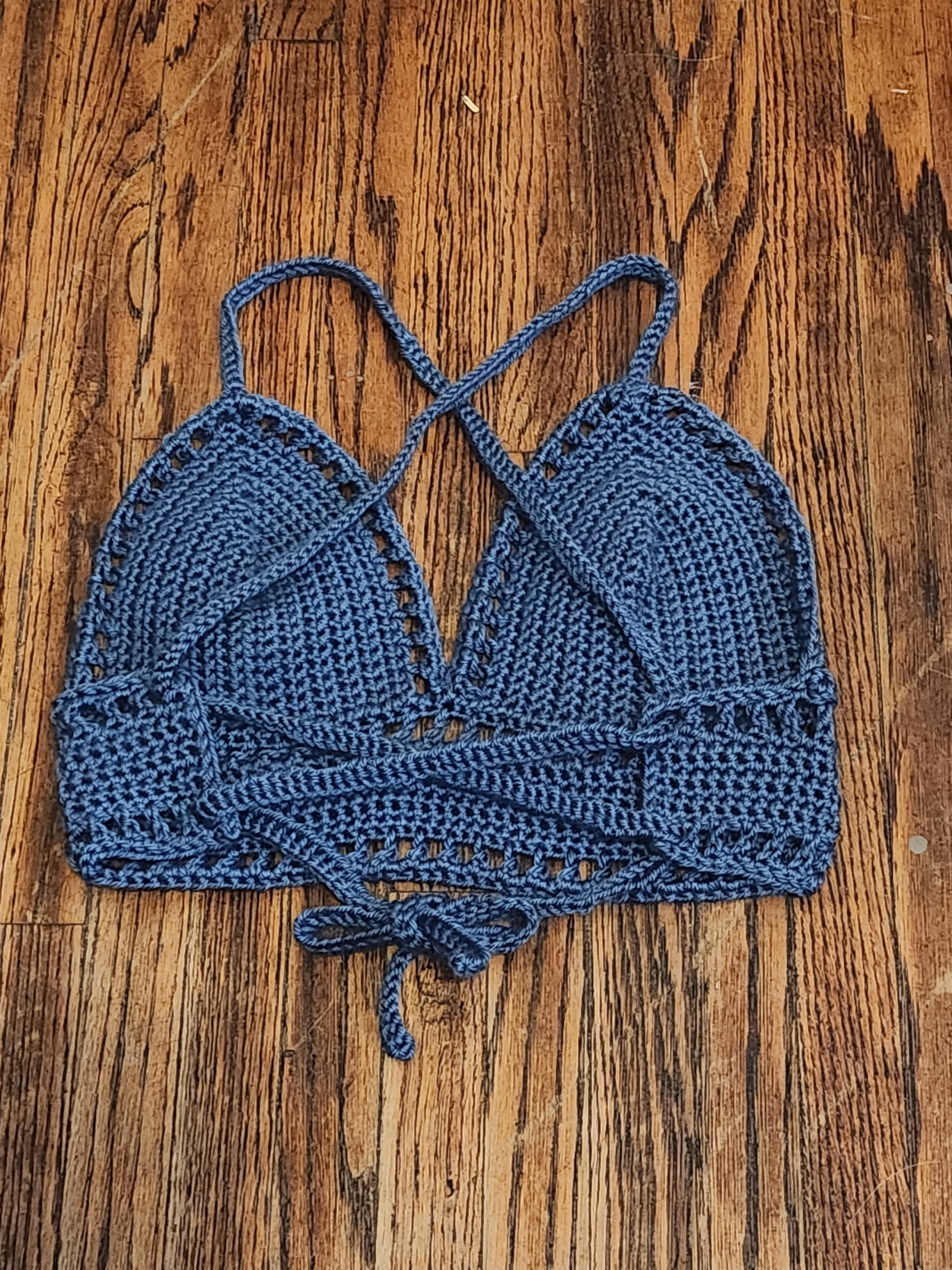 Handmade crochet Lilly top bralette laced back close-up in blue, size medium