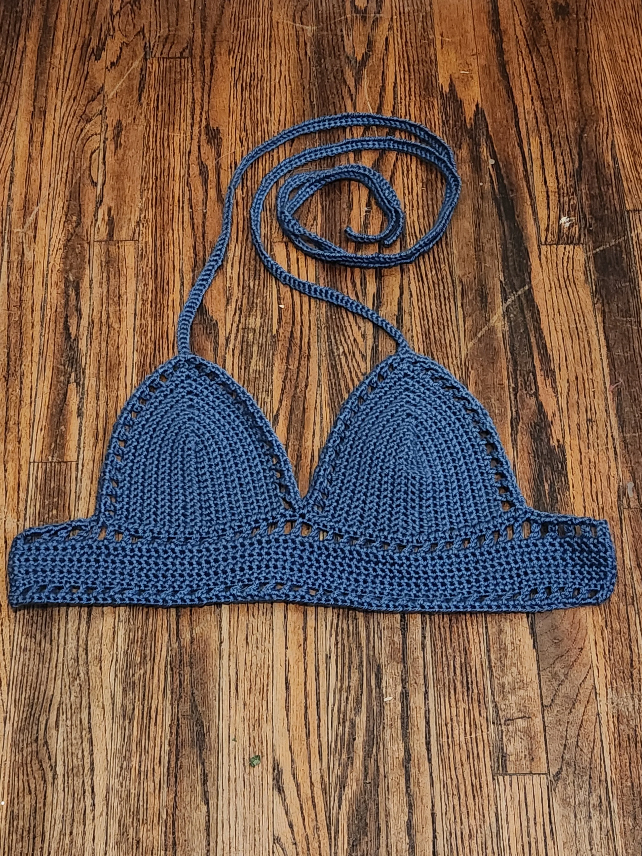 Handmade crochet Lilly top bralette front view, unlaced, in blue, size medium