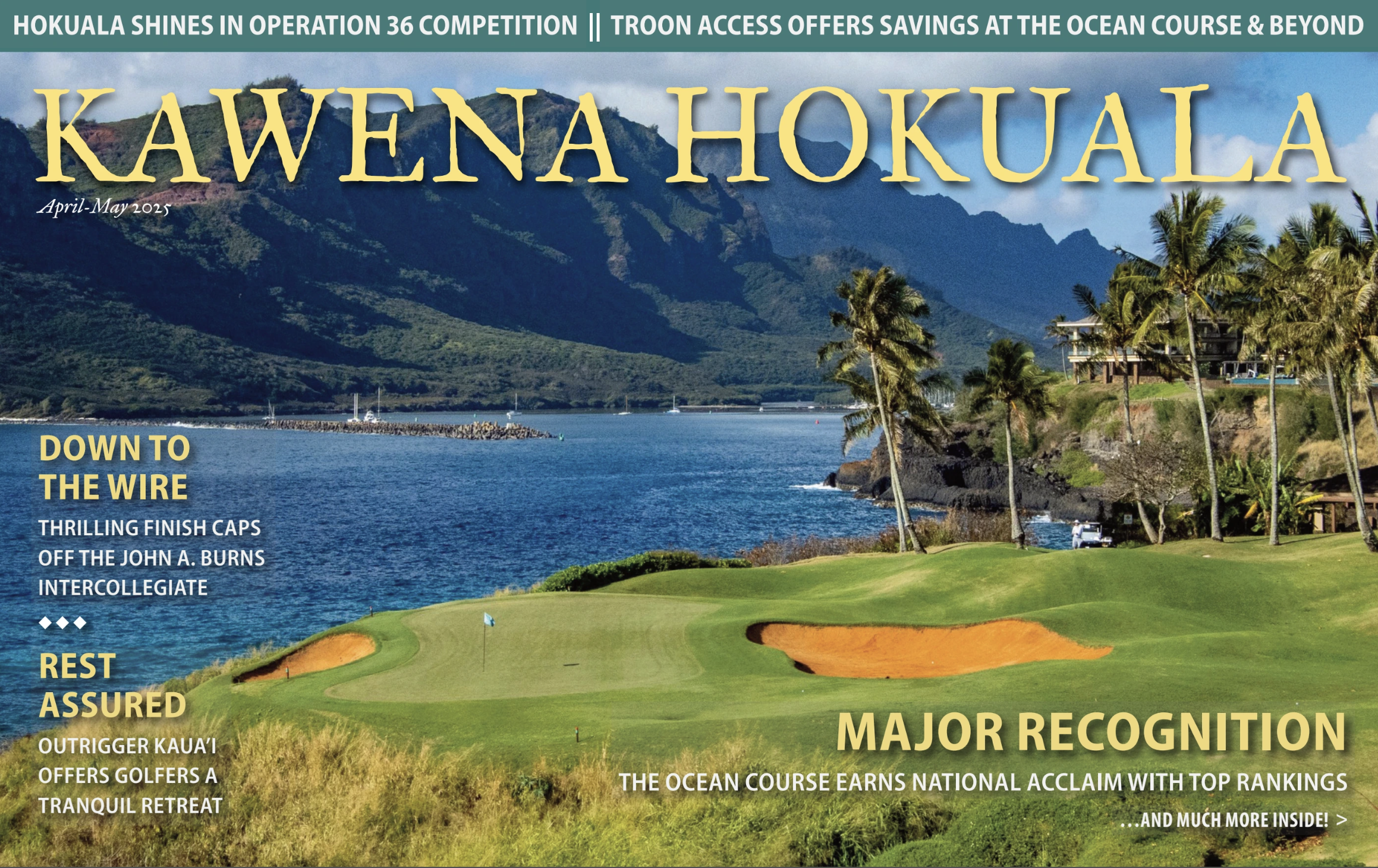 Cover page of Kawena Hokuala magazine, April-May 2023 issue, showcasing a lush golf course next to the ocean with mountains in the background, tropical palm trees, and a partly cloudy sky.