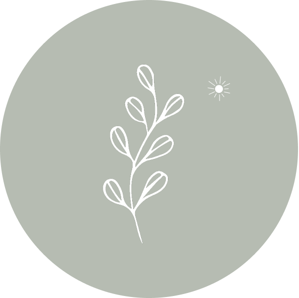 Minimalist line drawing of a leafy branch with a small sun icon in the background, on a light gray circular background.