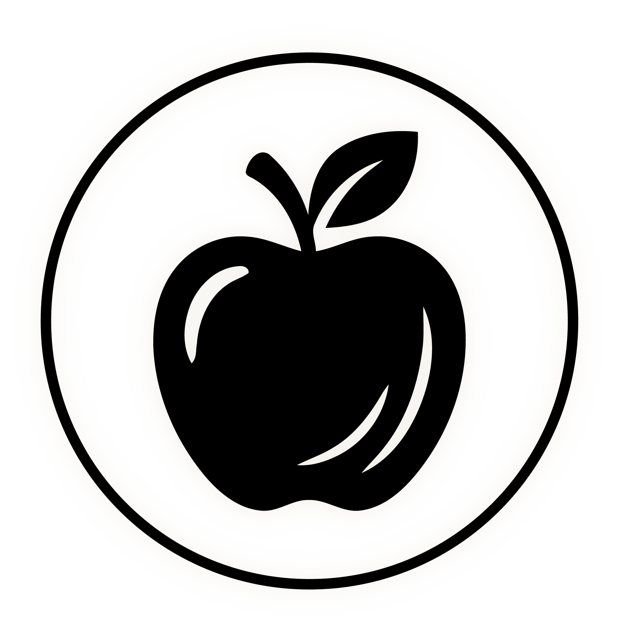 Black apple with a leaf on top, surrounded by concentric circles, in a minimalistic black and white design.