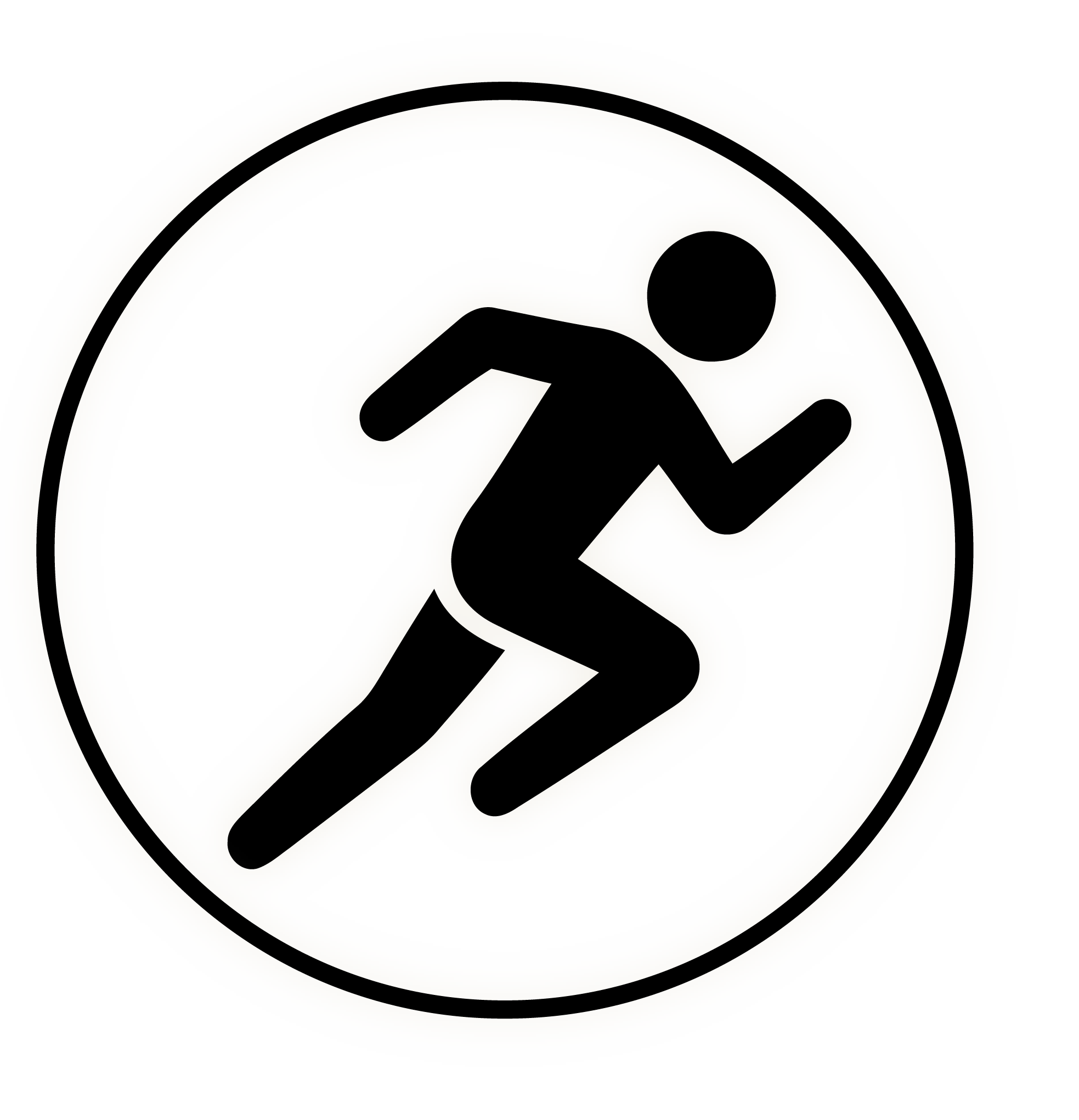 A black and white circular symbol with a person running inside it.