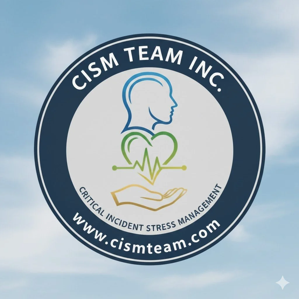 Logo for CISM Team Inc. with a silhouette of a person, a heart with a heartbeat line, and a hand below, against a cloudy sky background.