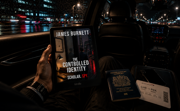 Person holding a Kindle e-reader displaying the book cover of 'The Controlled Identity' by James Burnett while sitting in the backseat of a car at night. Inside the car are a passport, a boarding pass, and a tablet. The car is in traffic on a rain-drenched city street with lights reflecting on the wet road.