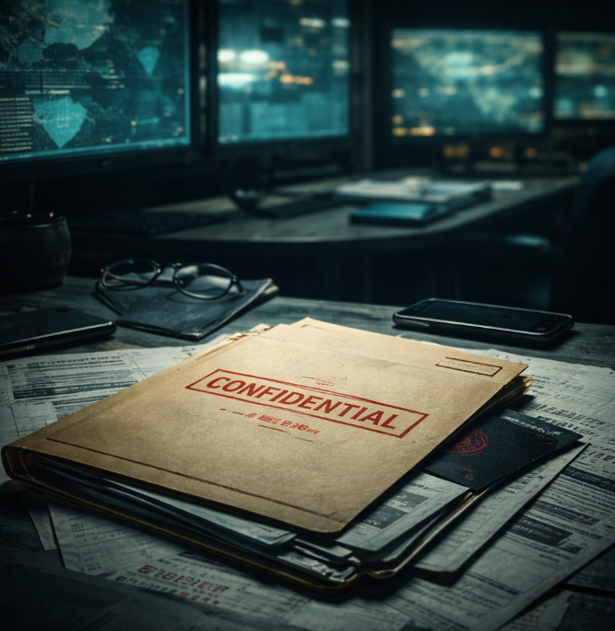 A desk with a confidential file folder, glasses, a smartphone, and newspapers, set against a background of multiple monitors displaying maps and data.