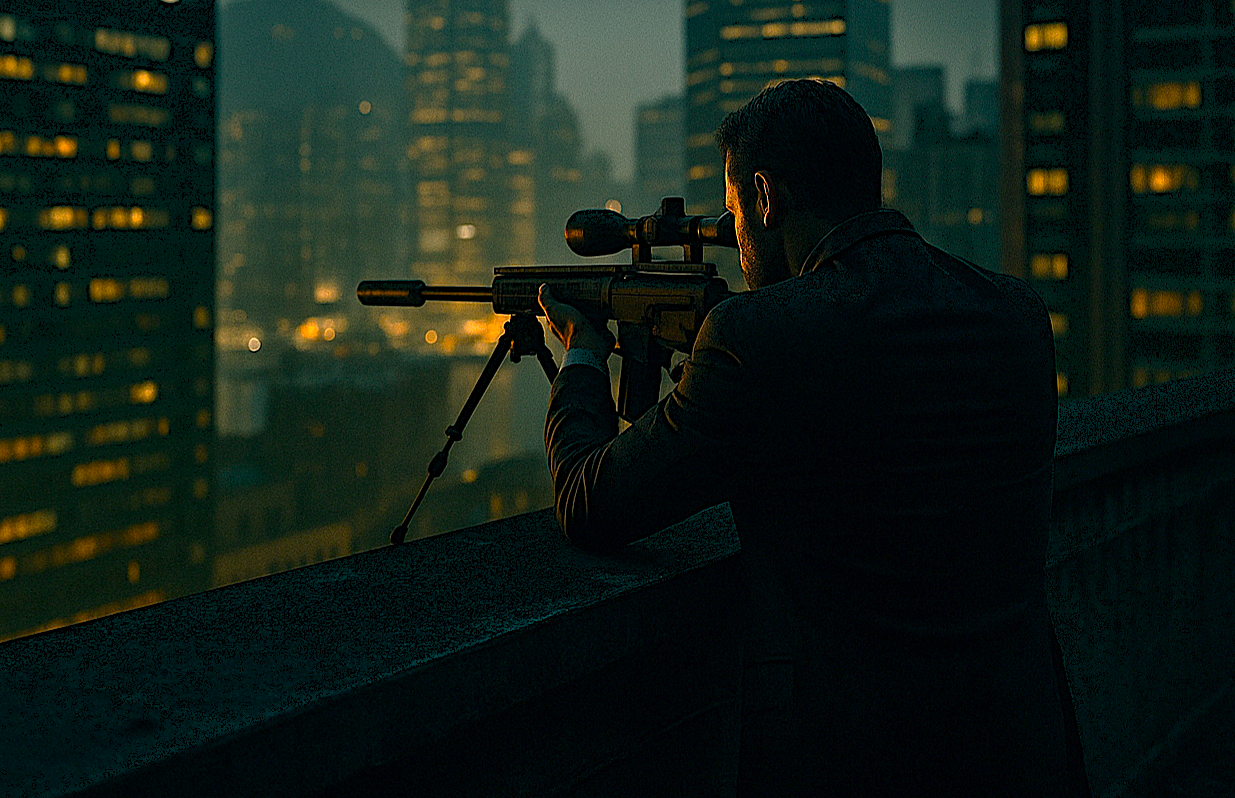 A man in a suit aiming a sniper rifle from a rooftop at night, overlooking a cityscape with tall buildings illuminated by lights.