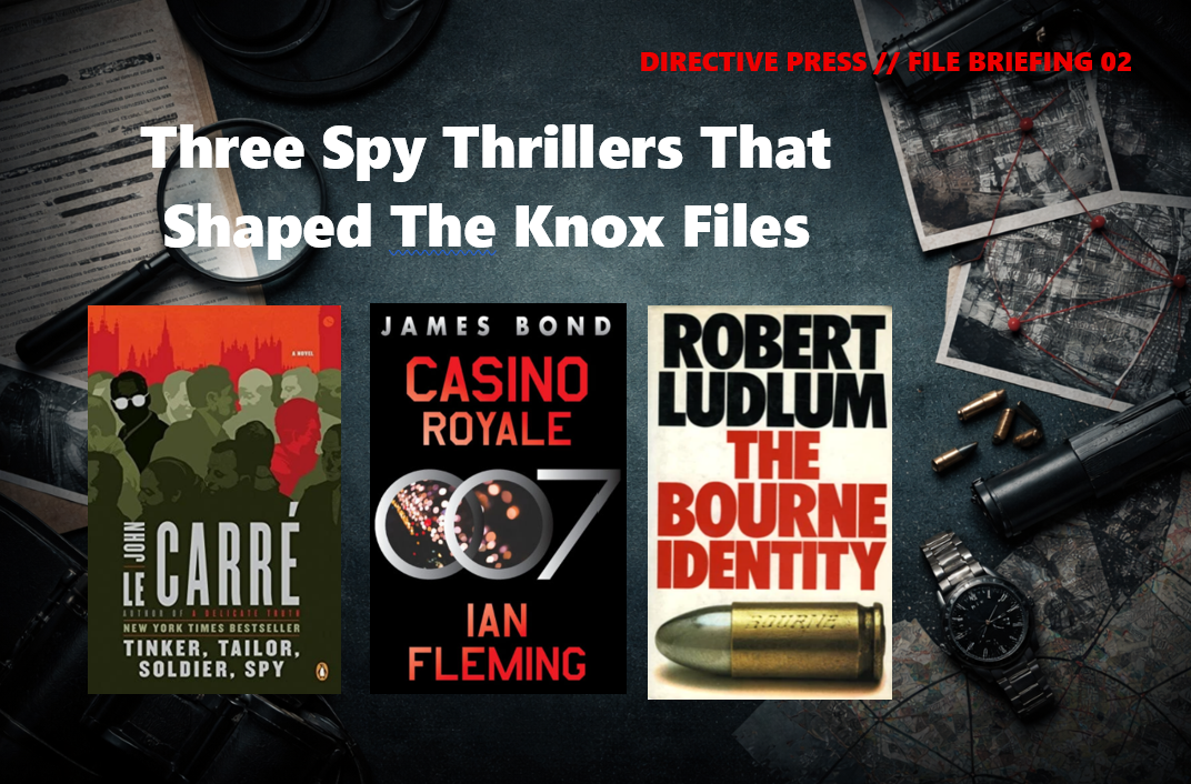Image of three book covers about spy thrillers, with a dark background, magnifying glass, photographs, map, bullets, a watch, and a flashlight.