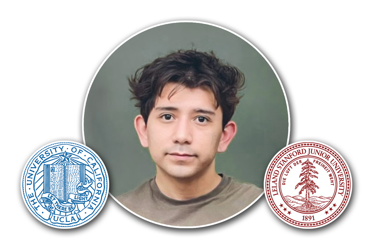 Photograph of a young man with brown hair, wearing a brown shirt, against a green background, surrounded by the seals of UCLA and Stanford Junior University.
