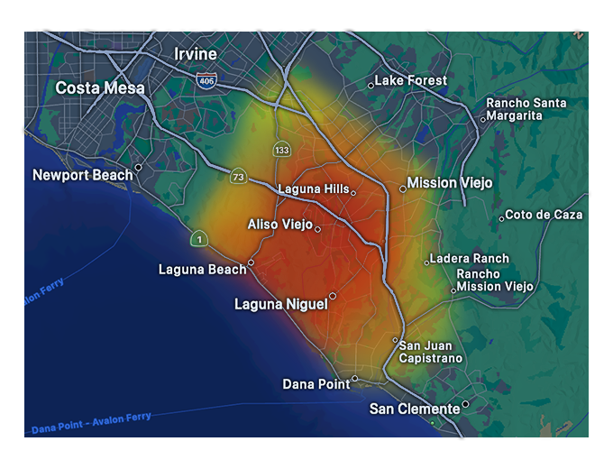 Map showing the area around Laguna Beach, California, with color-coded elevation levels, points of interest including Dana Point, San Clemente, and Irvine, highways, and neighborhoods.