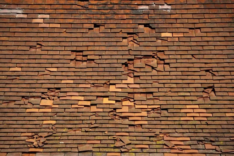 Brick wall with peeling and damaged bricks.