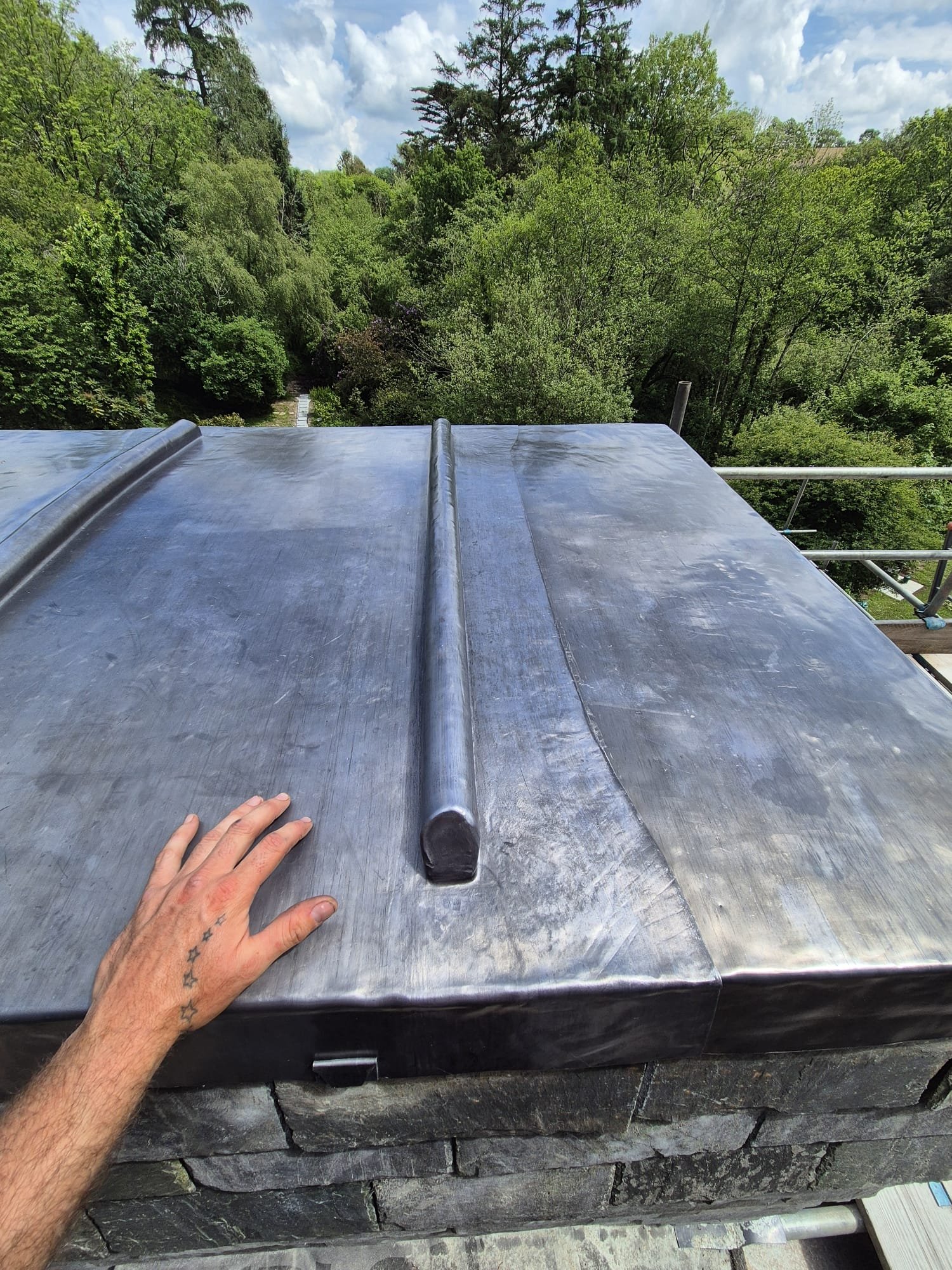 A person's hand with tattoos on fingers resting on a black metal roof with a ridge cap, overlooking a lush green forest with trees under a partly cloudy sky.