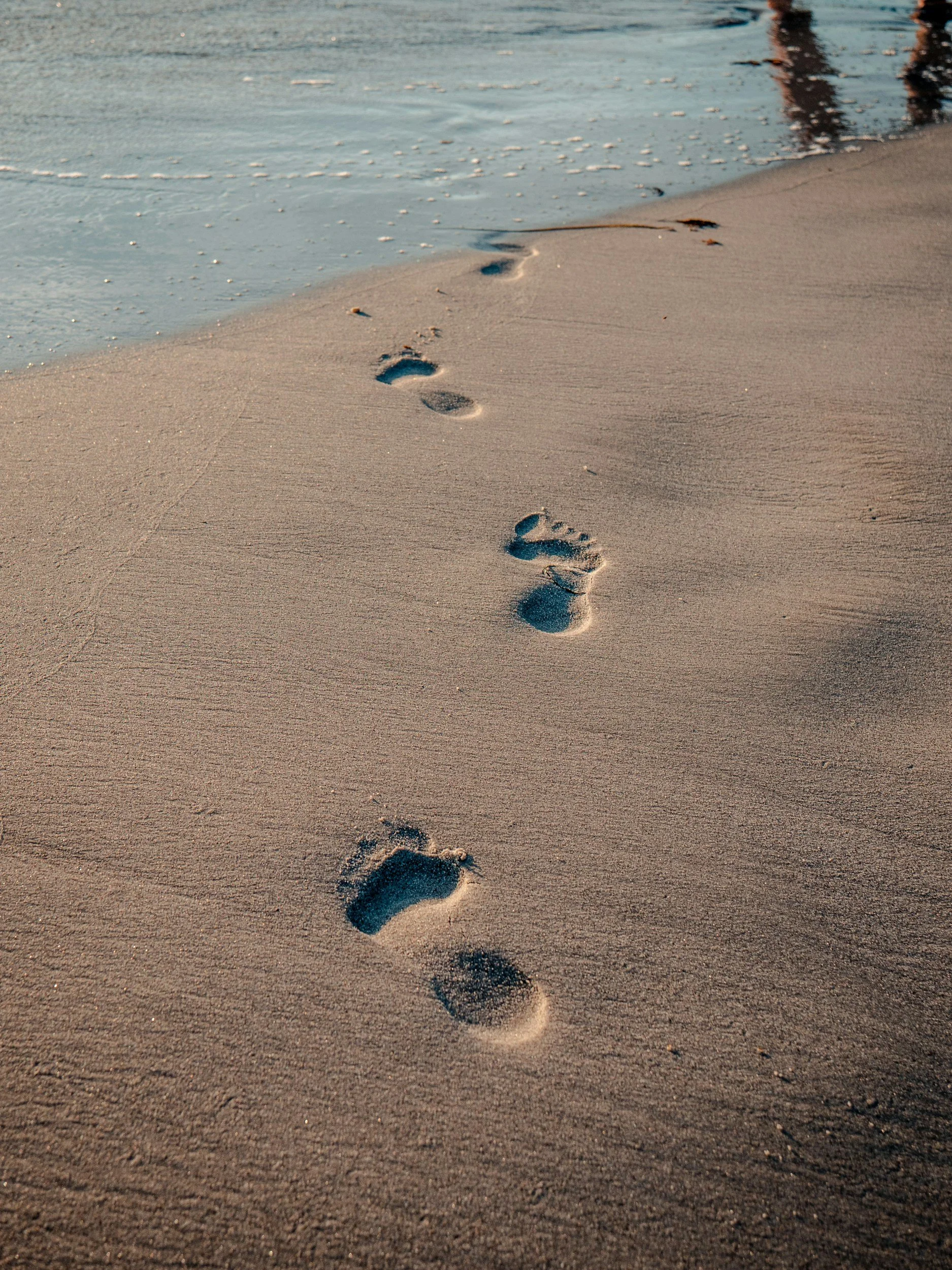 Footprints in the sand on a beach leading towards the water.