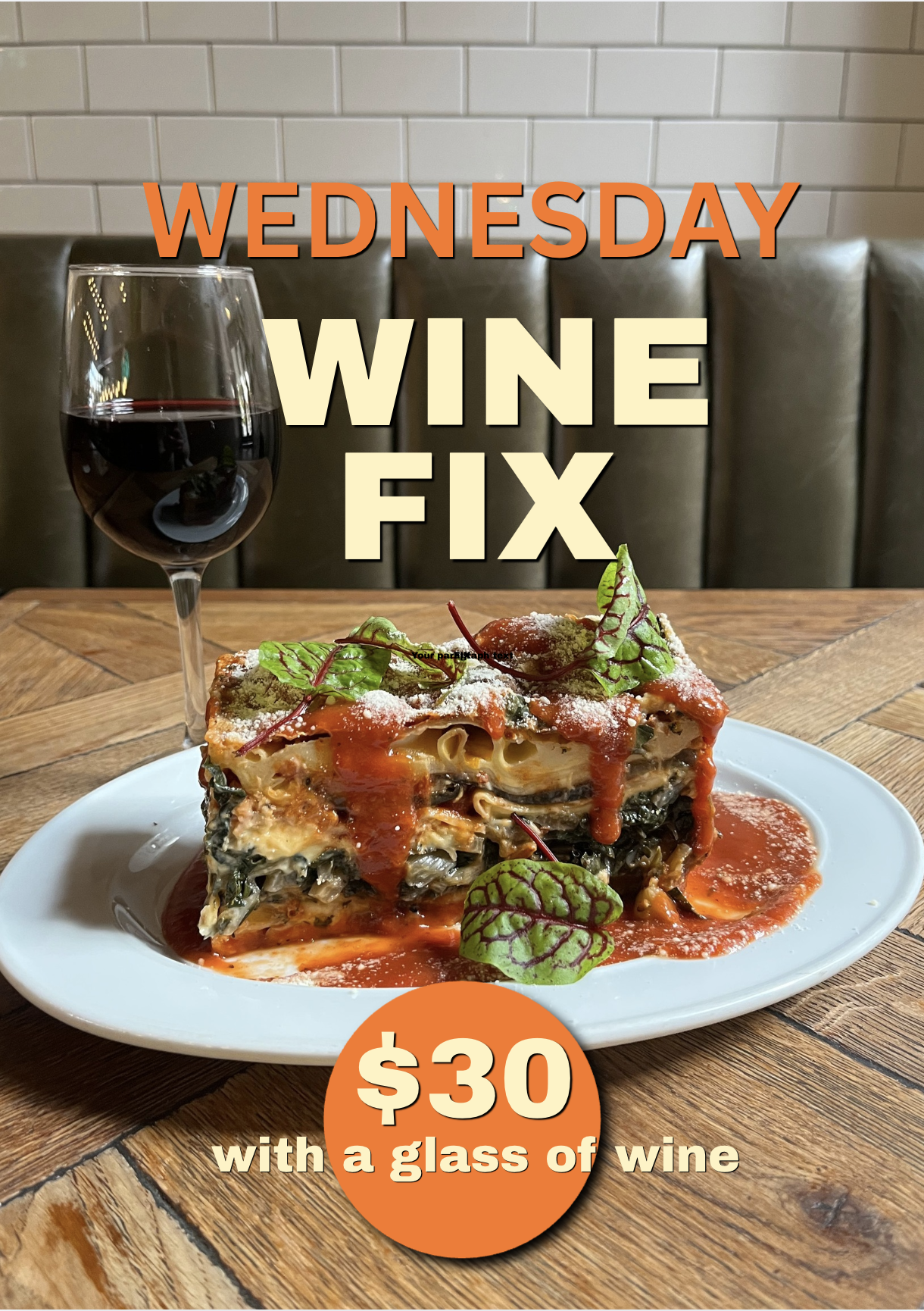 A bowl of squid ink linguine , promoting Wednesday Special with overlay text: 'Wine Fix with Mates & Plates. Plate Special + Glass of Wine.'