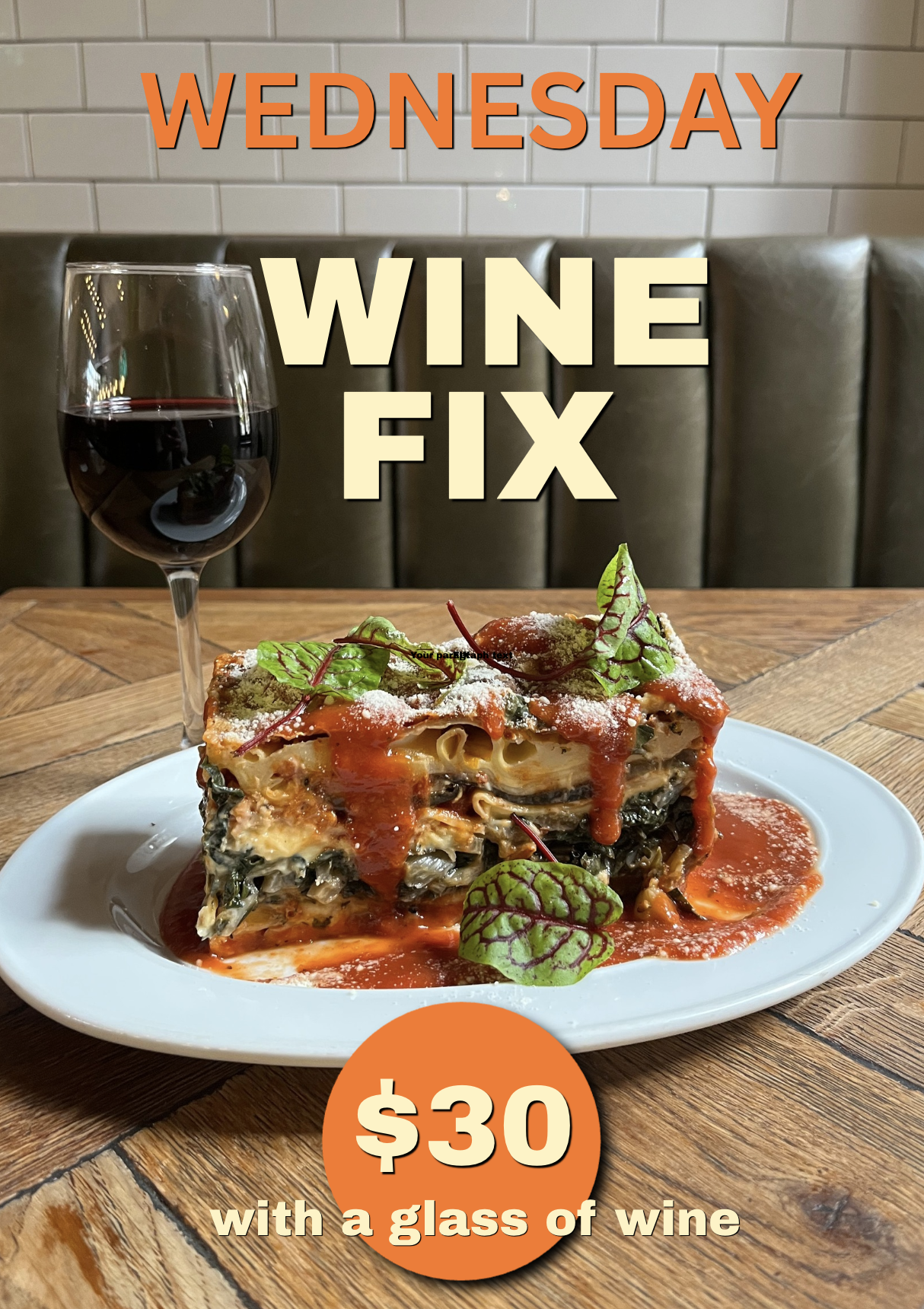 Close-up of a handmade pie filled with creamy seafood, surrounded by green peas, potatoes, and herbs, with overlay text for a Wednesday Special 'Wine Fix with Mates & Plates' and smaller text 'Plate Special + Glass of Wine'.