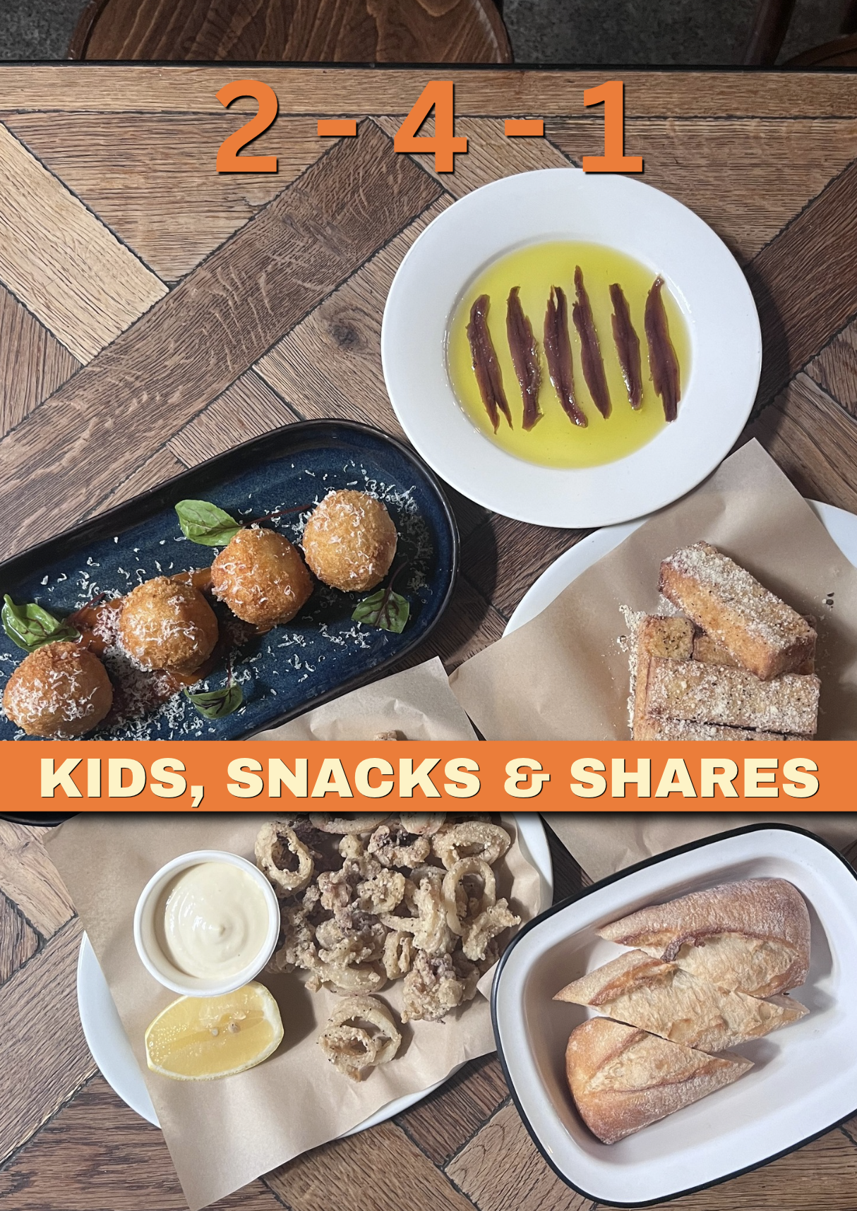 Assorted kid-friendly snacks including onion rings, corn on the cob, fried cheese balls, dipping sauce, and fried snacks, served on a wooden table. Promoting a Happy Hour of sorts on Friday Special for kids, families and pub enthusiasts.