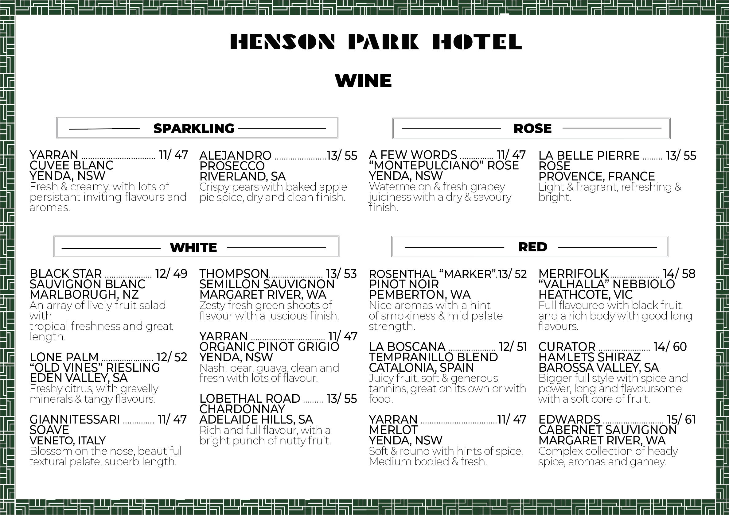 Wine menu from Henson Park Hotel featuring sparkling, white, rosé, and red wines with descriptions and prices.