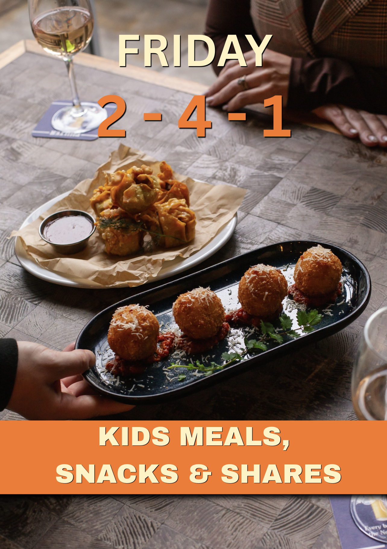 A wooden table with a variety of appetizers including onion rings, corn ribs with red sauce, fried cheese balls with grated cheese, and dimmies with dipping sauce, promoting a Friday 2-for-1 kids, snacks, and shares deal from 3 PM to 6 PM Happy Hour.